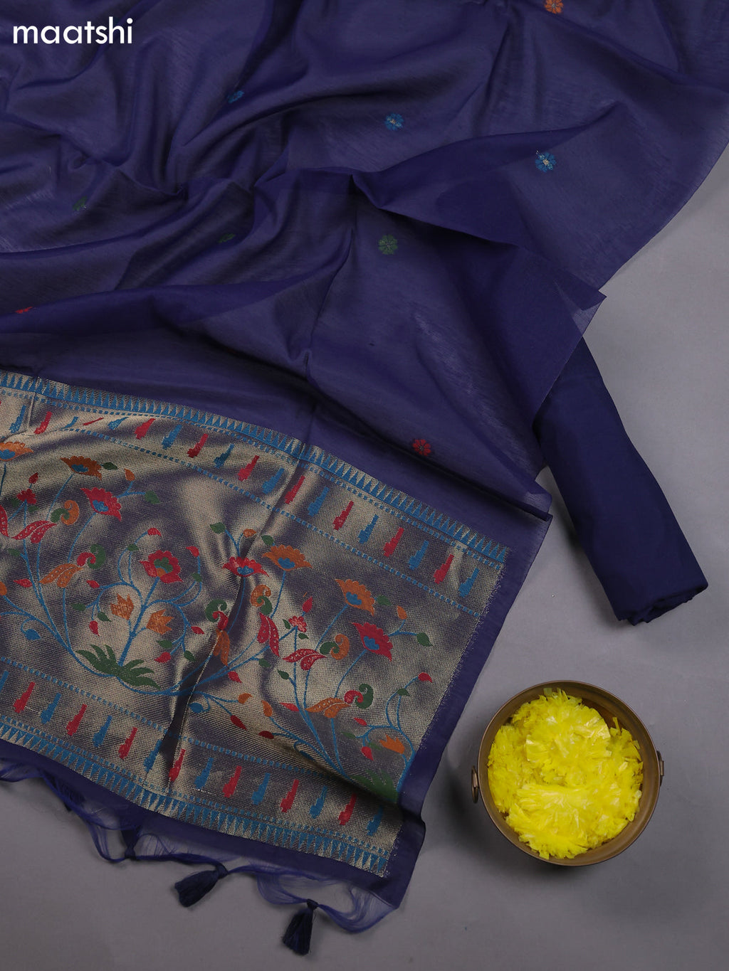 Navy Blue Munga Cotton Dress Material With Thread & Zari Paidhani Style Border