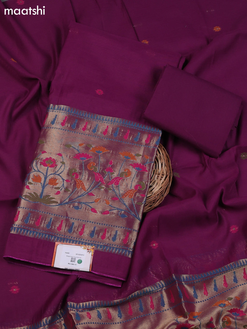 Magenta Pink Munga Cotton Dress Material With Thread & Zari Paidhani Style Border