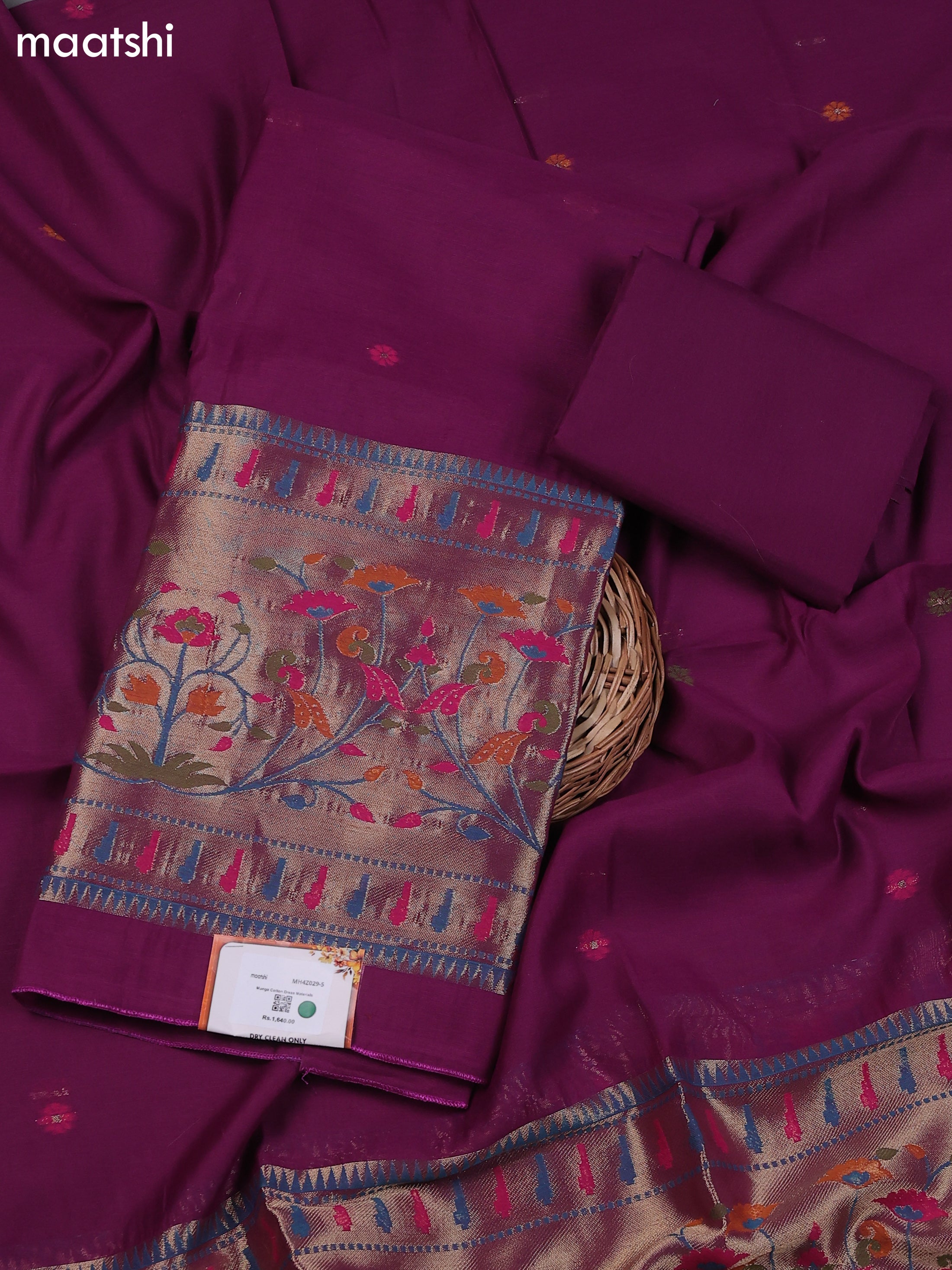 Magenta Pink Munga Cotton Dress Material With Thread & Zari Paidhani Style Border