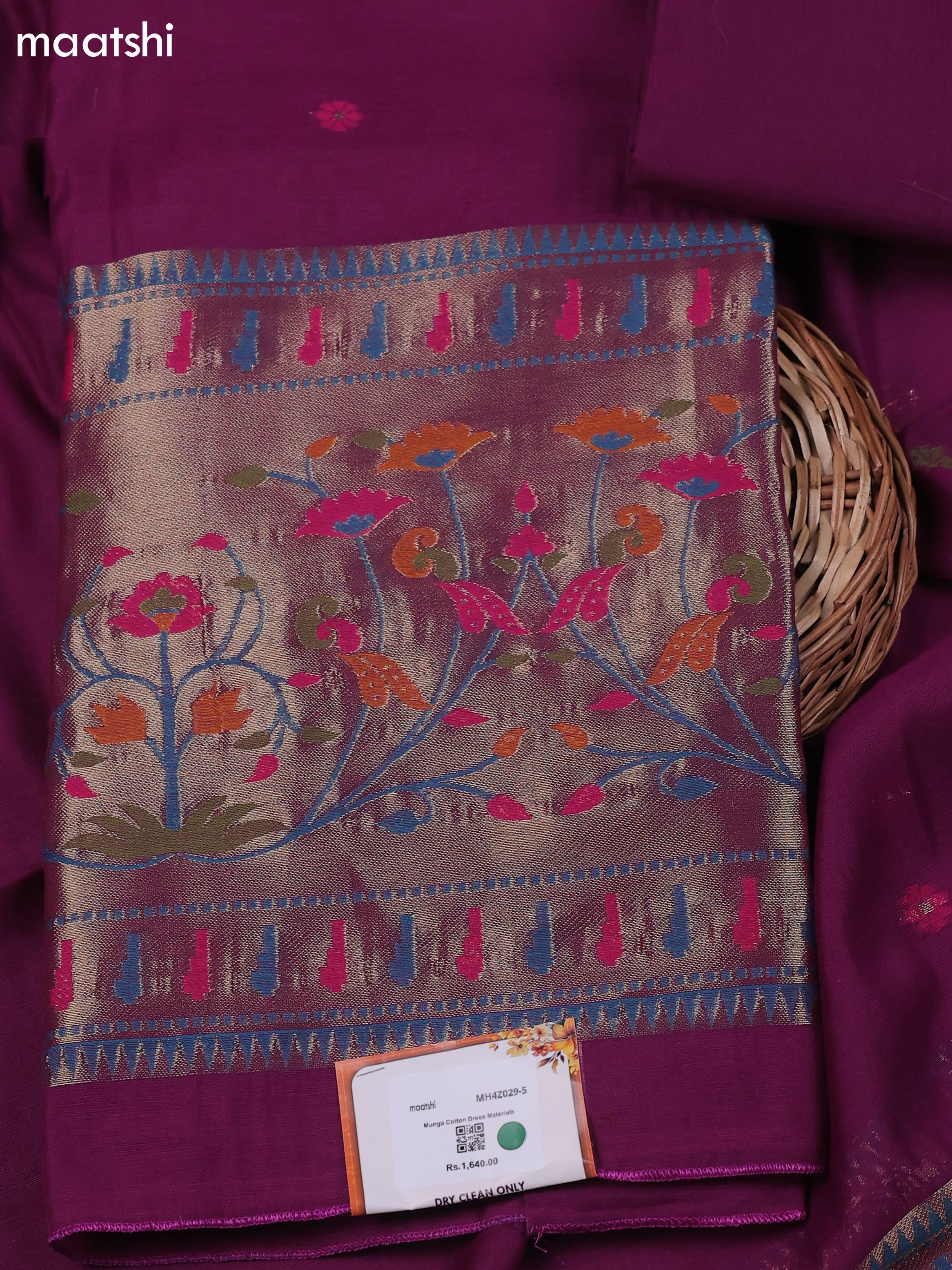 Magenta Pink Munga Cotton Dress Material With Thread & Zari Paidhani Style Border