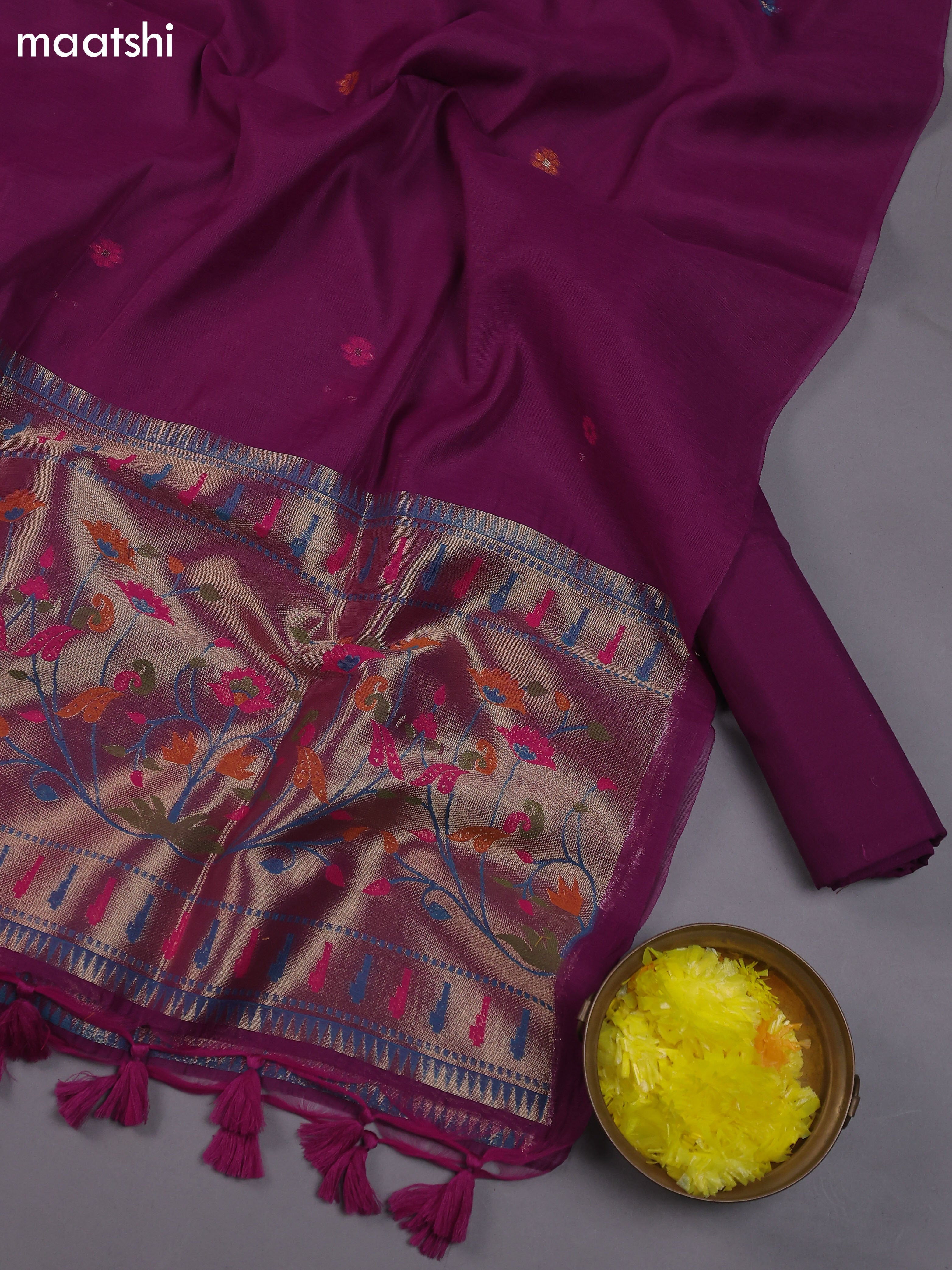 Magenta Pink Munga Cotton Dress Material With Thread & Zari Paidhani Style Border