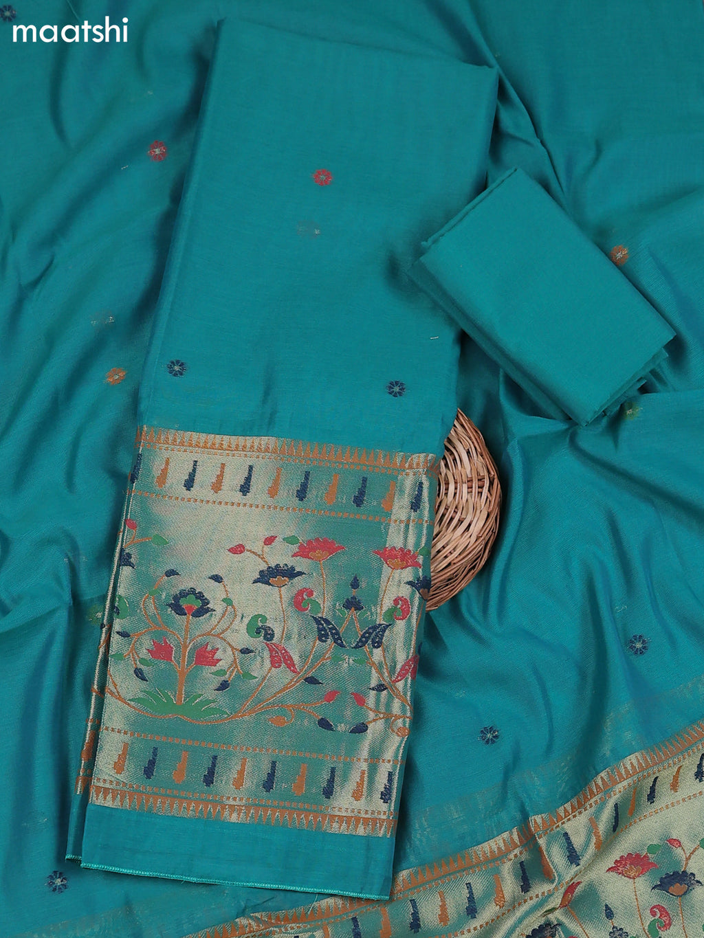 Peacock Green Munga Cotton Dress Material With Thread & Zari Paidhani Style Border