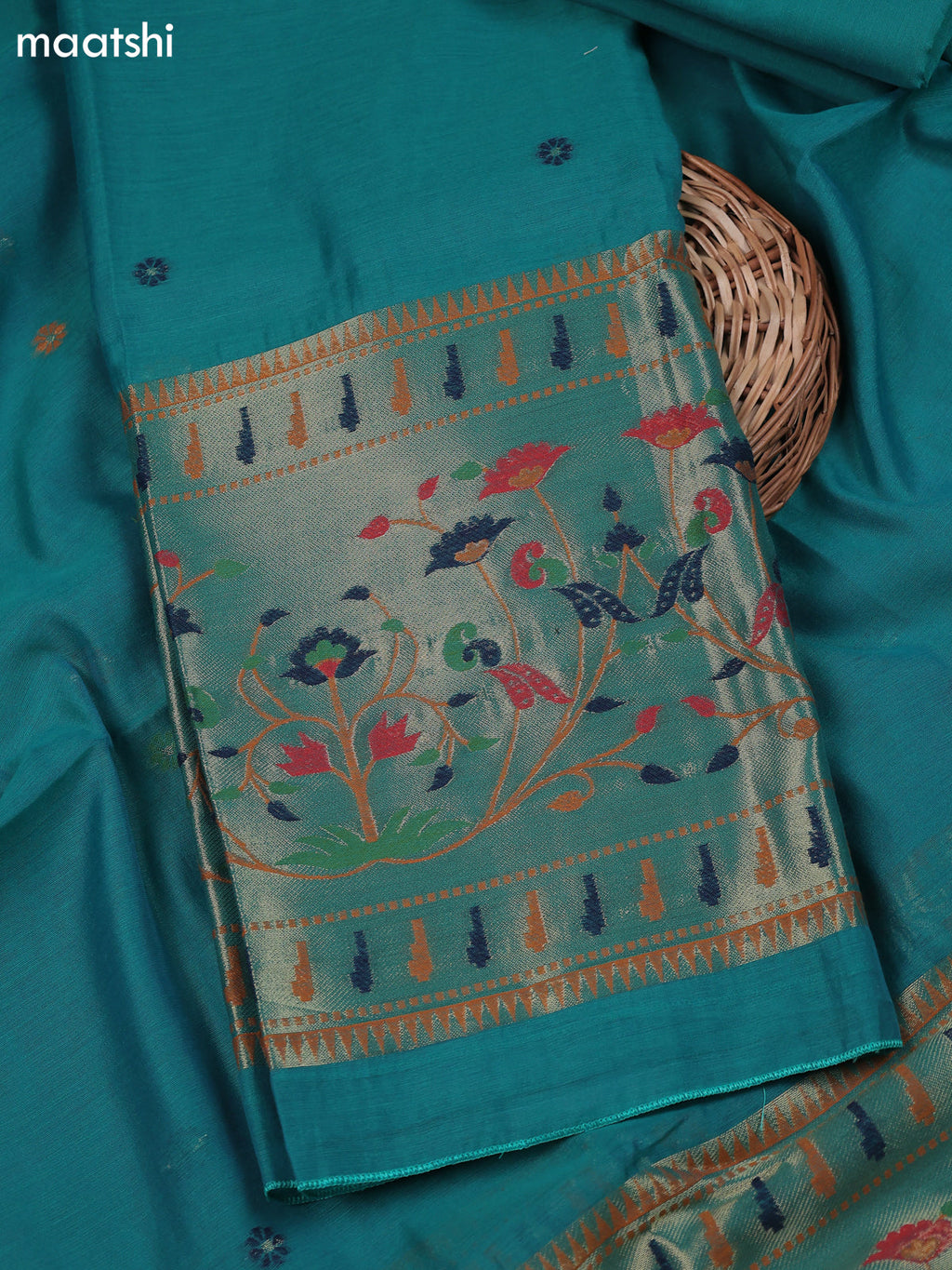 Peacock Green Munga Cotton Dress Material With Thread & Zari Paidhani Style Border