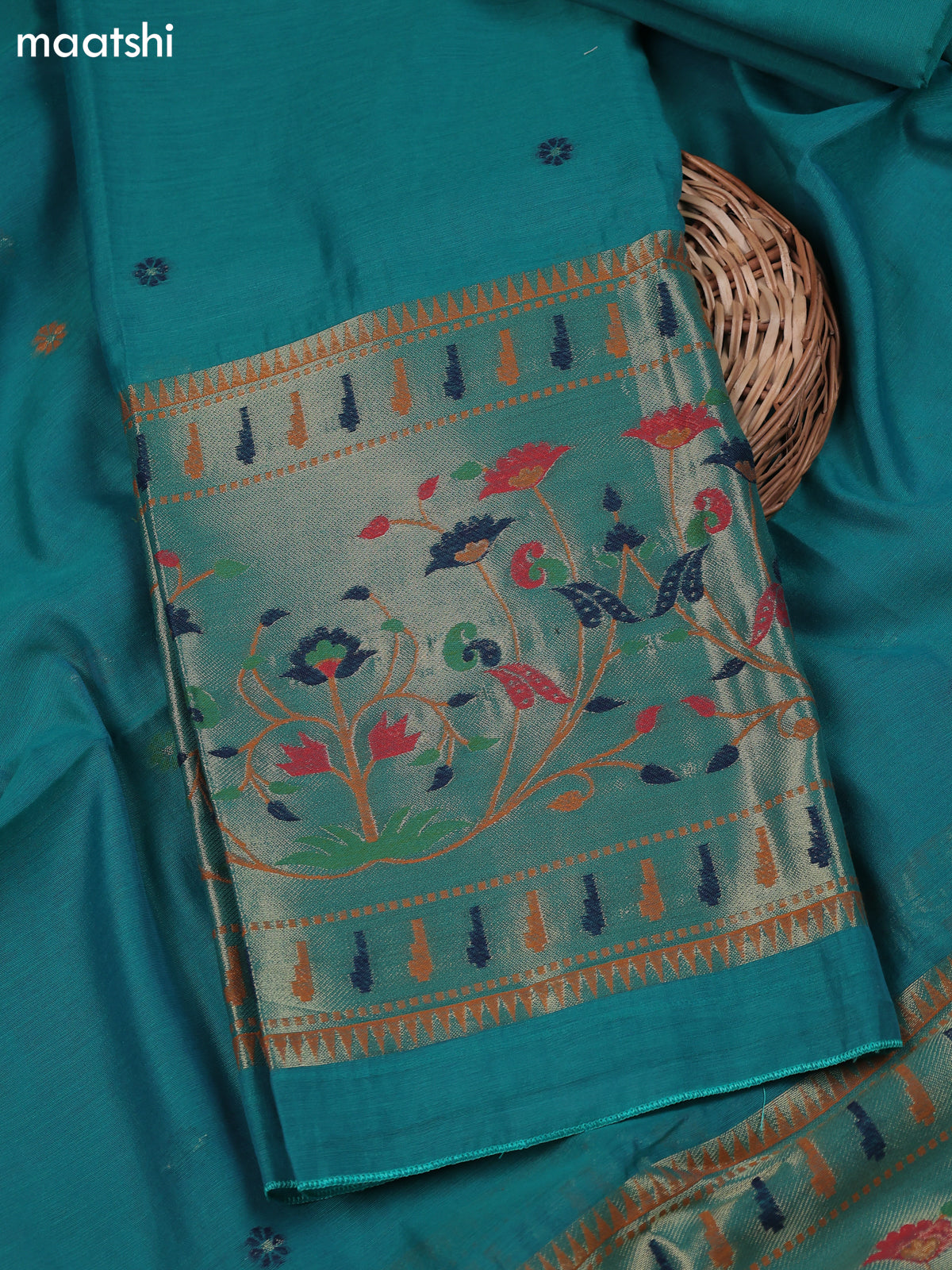 Peacock Green Munga Cotton Dress Material With Thread & Zari Paidhani Style Border