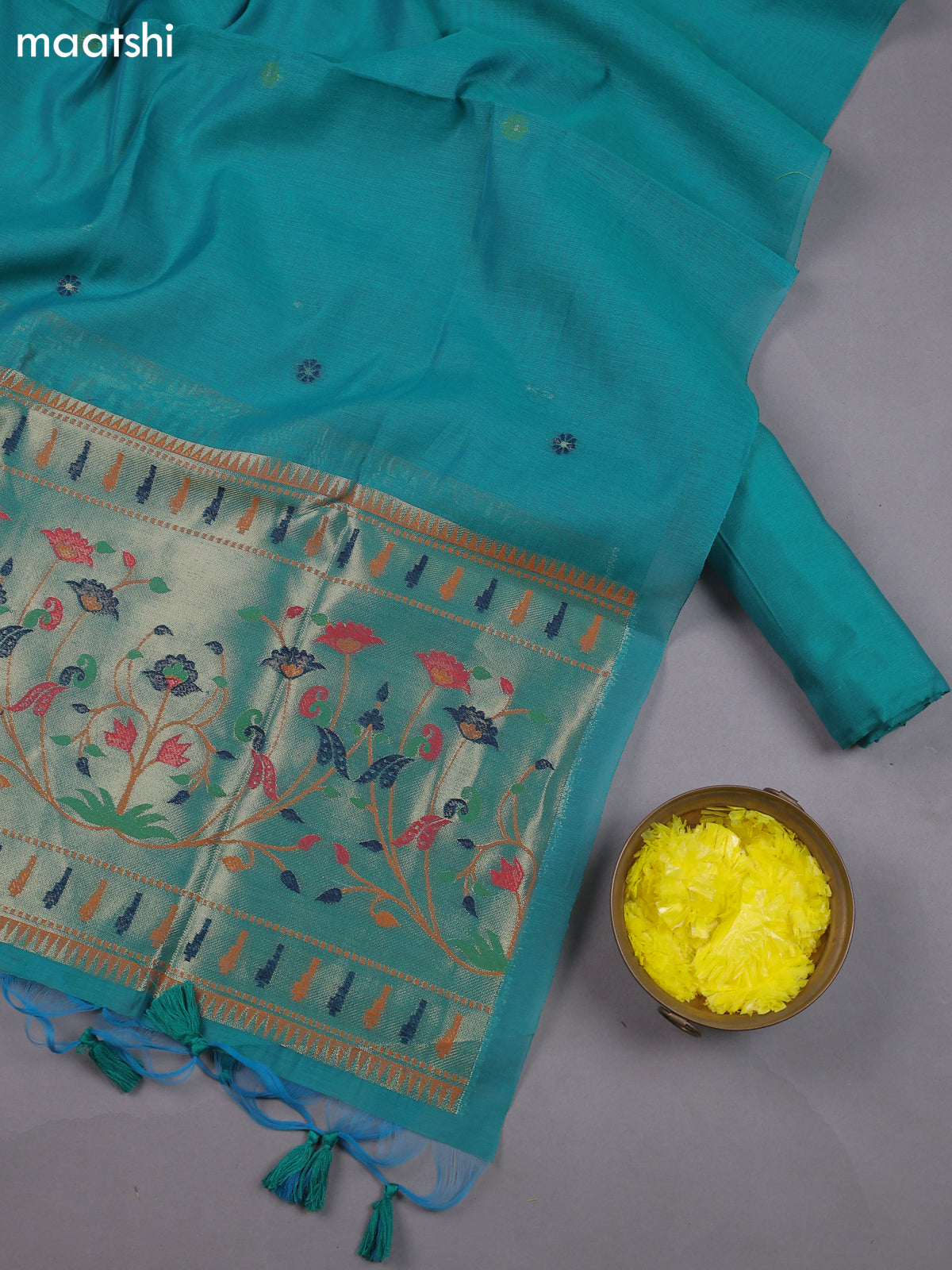 Peacock Green Munga Cotton Dress Material With Thread & Zari Paidhani Style Border