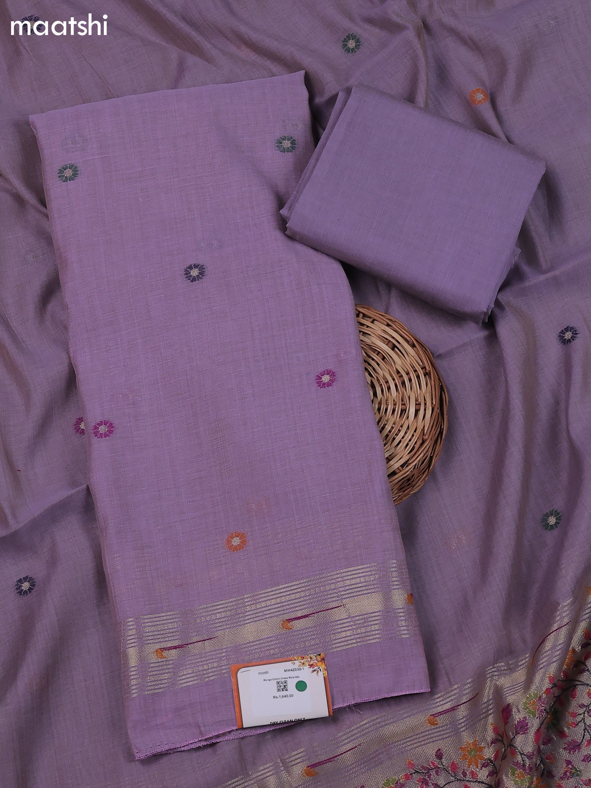 Purple Munga Cotton Dress Material With Thread & Zari Buttas
