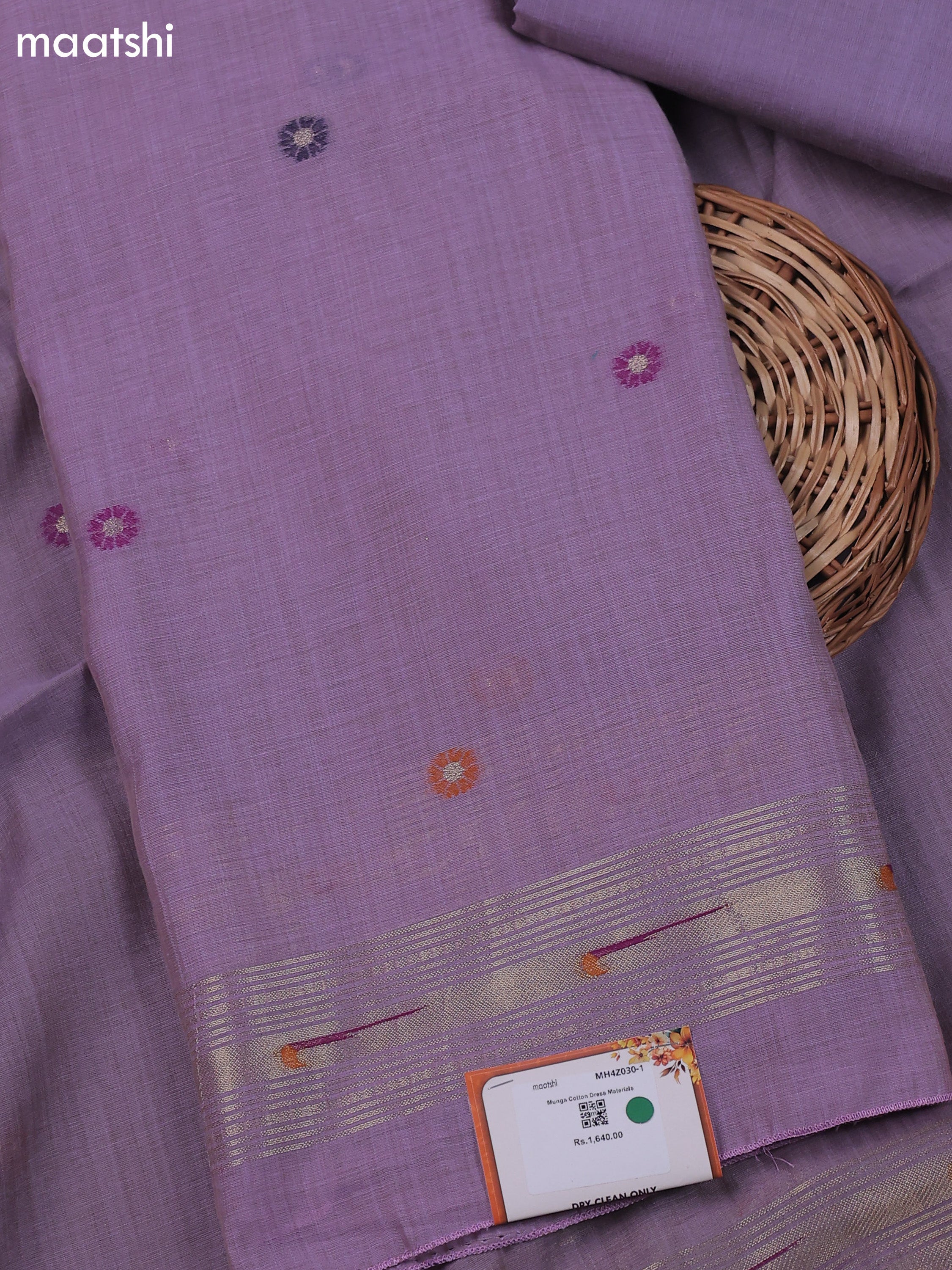 Purple Munga Cotton Dress Material With Thread & Zari Buttas