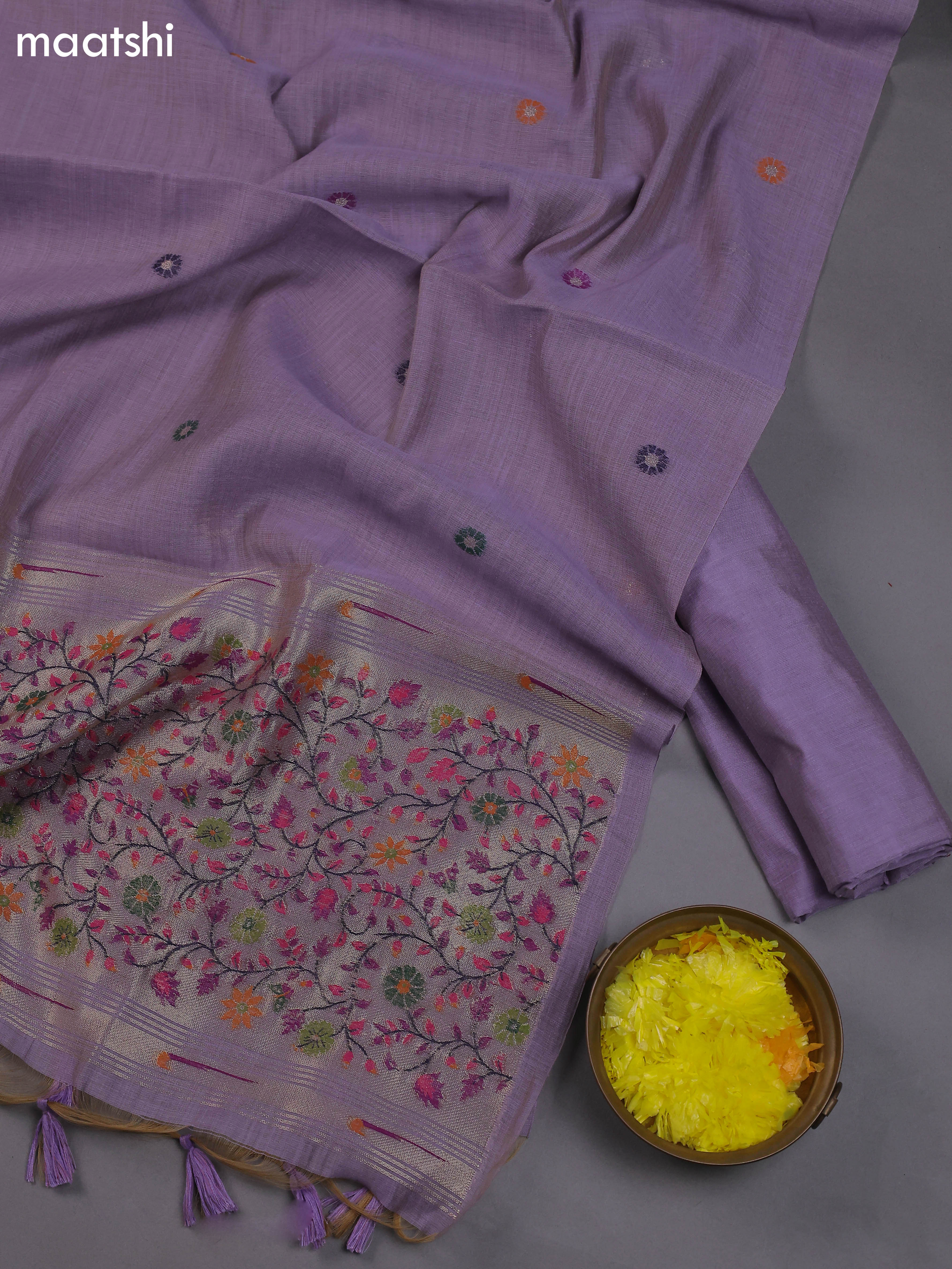 Purple Munga Cotton Dress Material With Thread & Zari Buttas