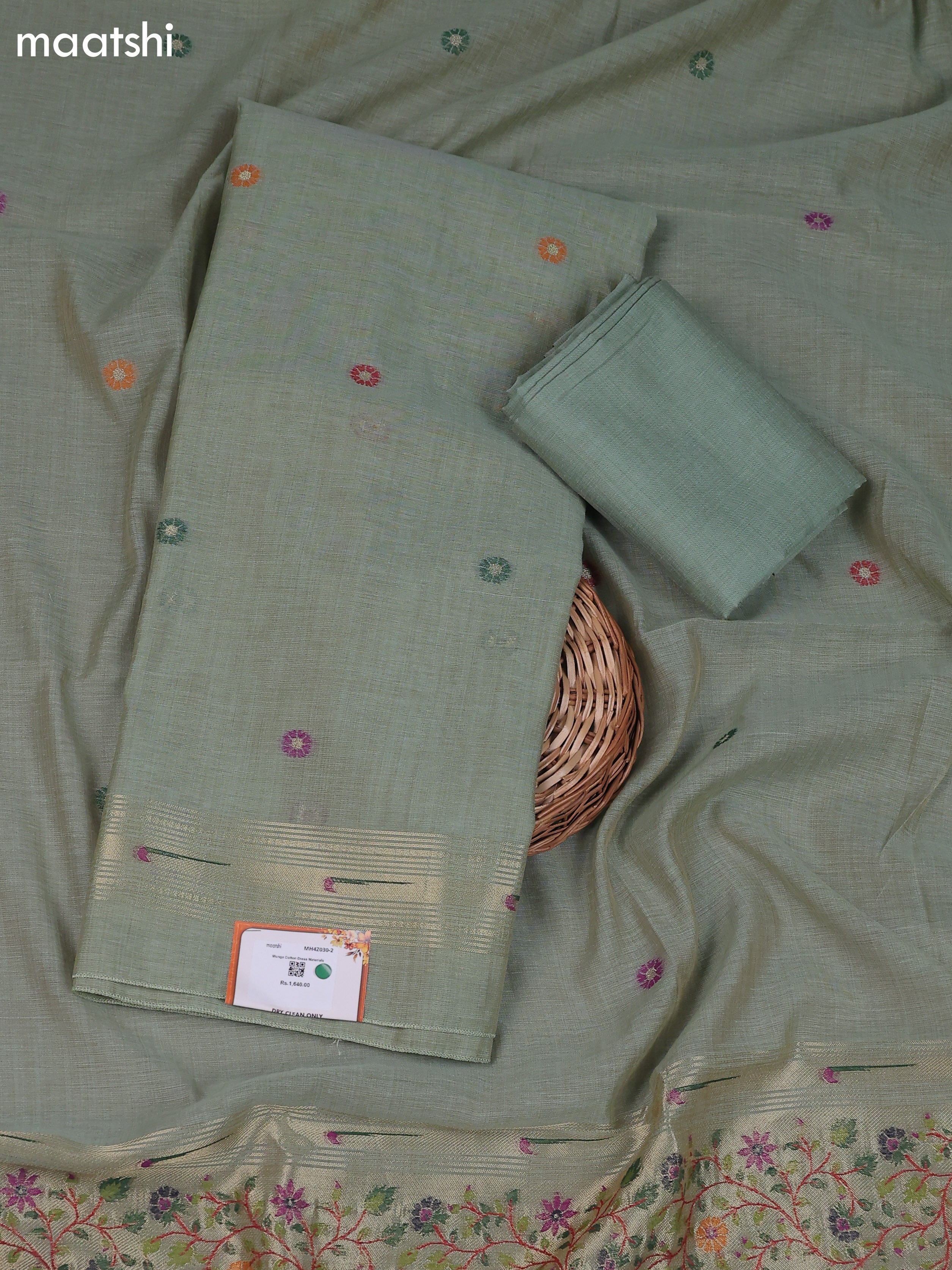 Elaichi Green Munga Cotton Dress Material With Thread & Zari Buttas