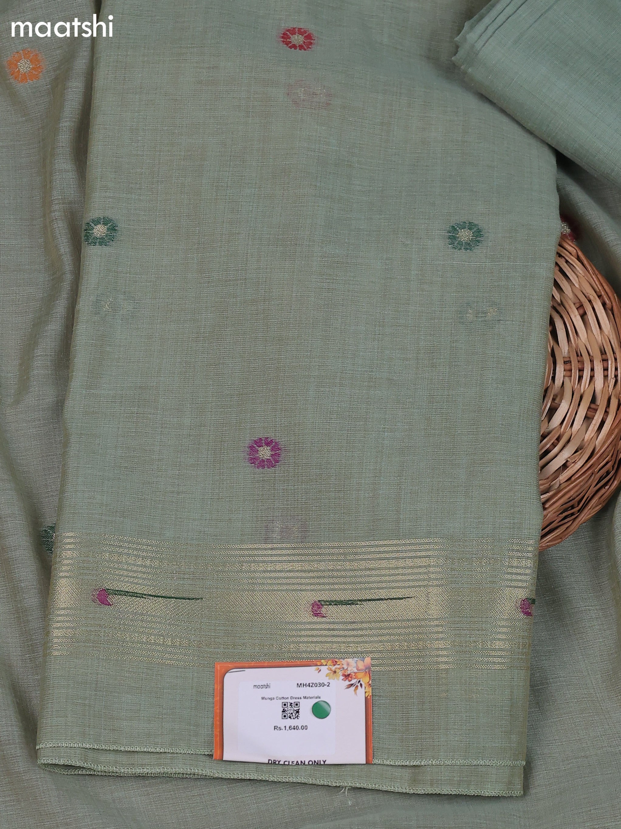 Elaichi Green Munga Cotton Dress Material With Thread & Zari Buttas