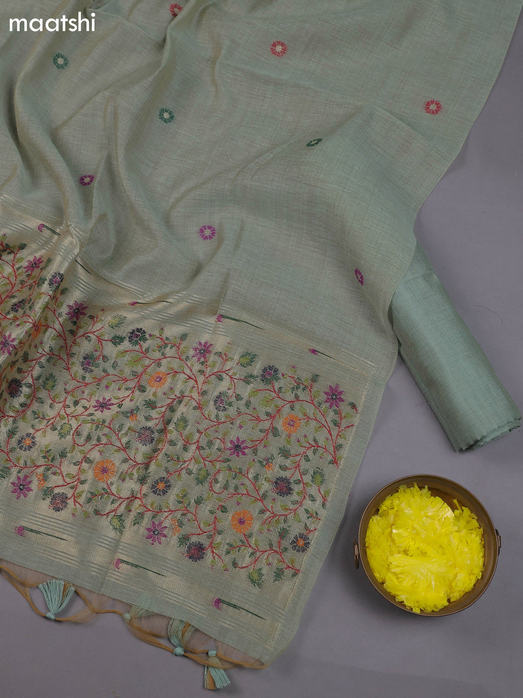 Elaichi Green Munga Cotton Dress Material With Thread & Zari Buttas