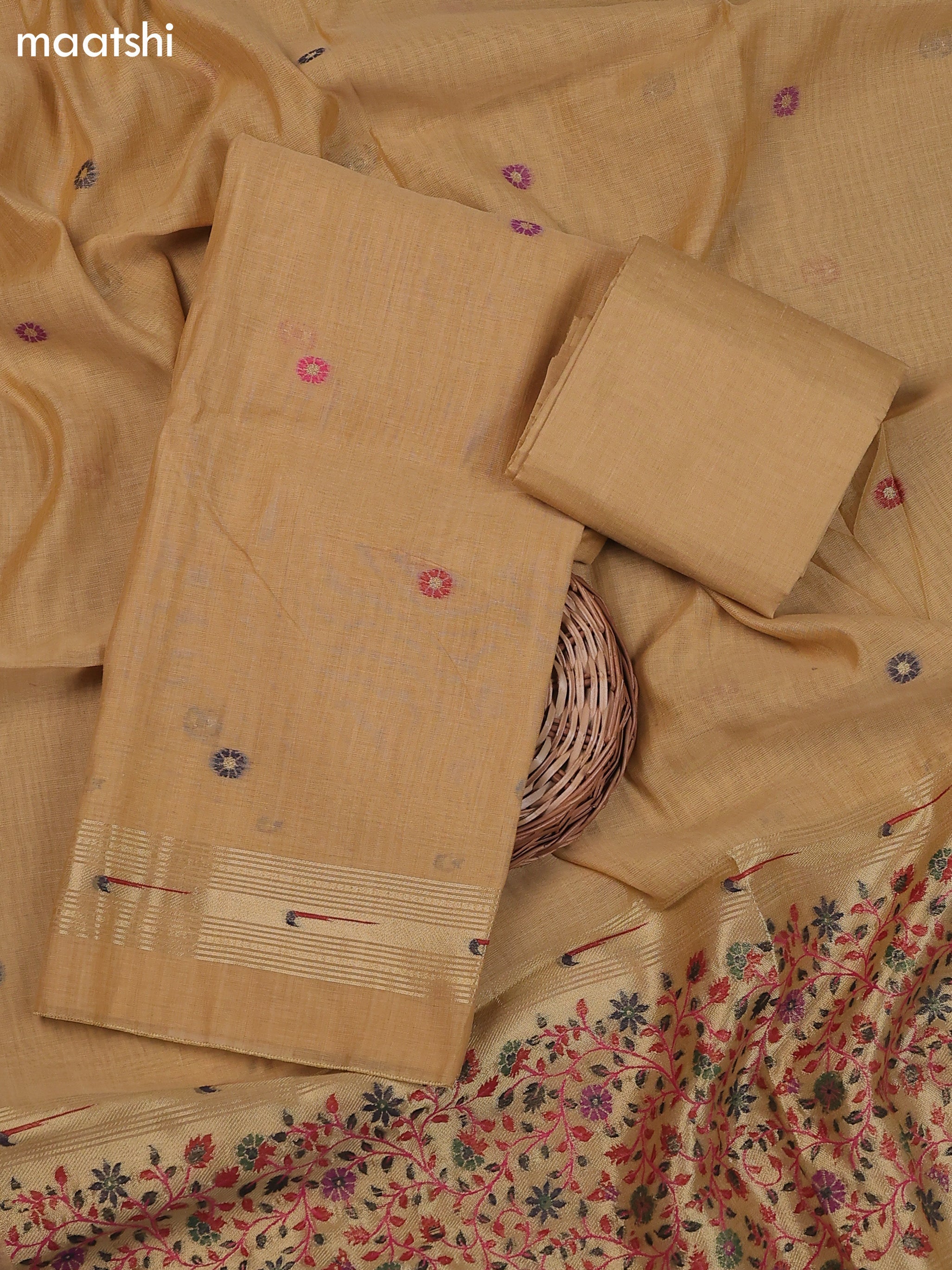 Sandal Munga Cotton Dress Material With Thread & Zari Buttas