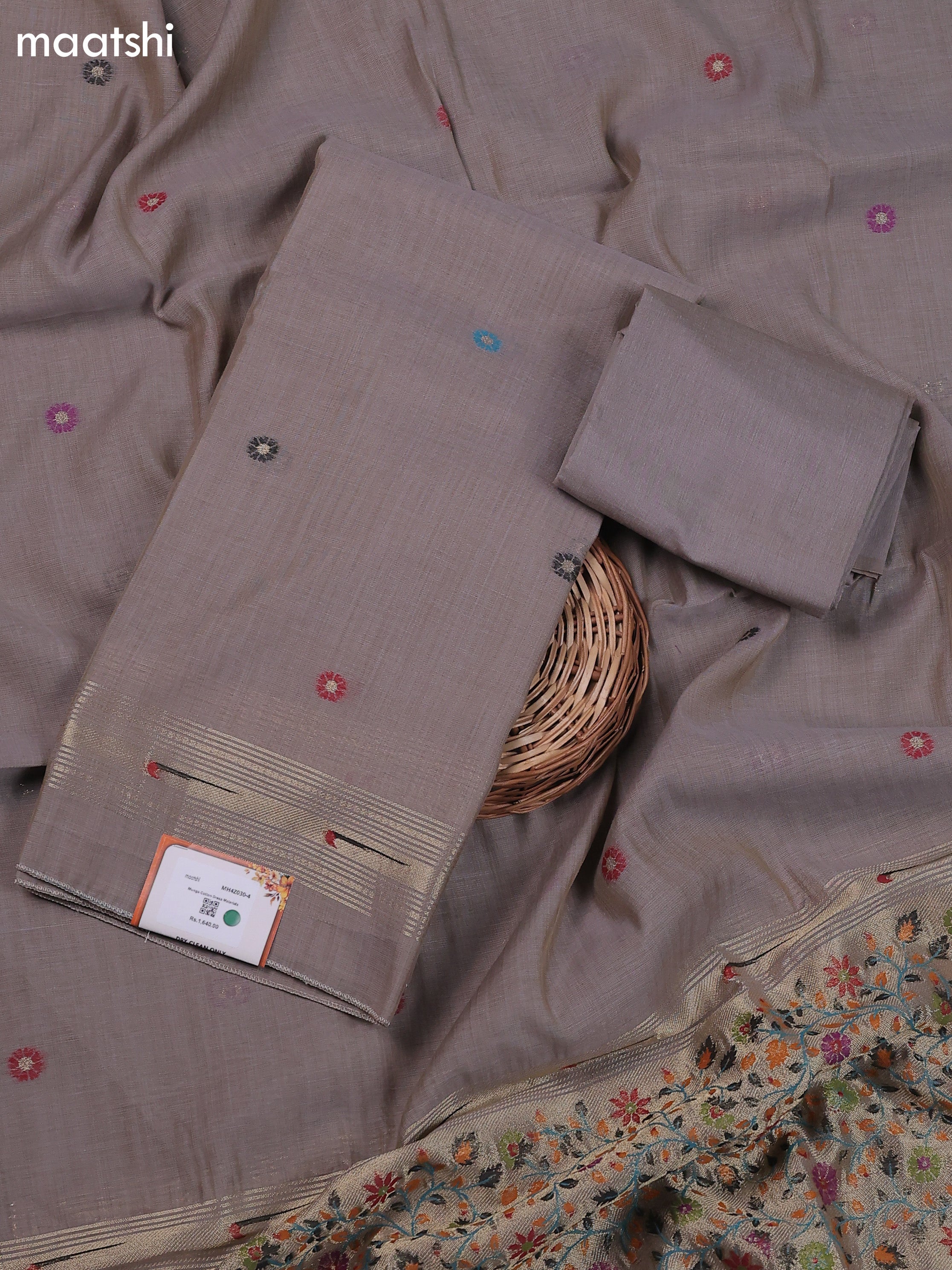 Pastel Brown Munga Cotton Dress Material With Thread & Zari Buttas