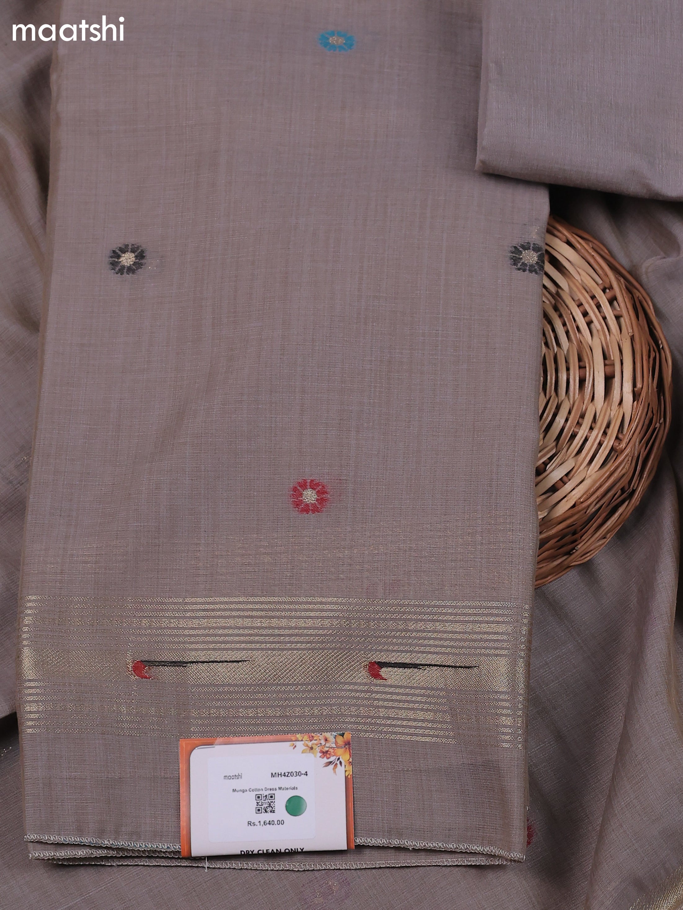 Pastel Brown Munga Cotton Dress Material With Thread & Zari Buttas