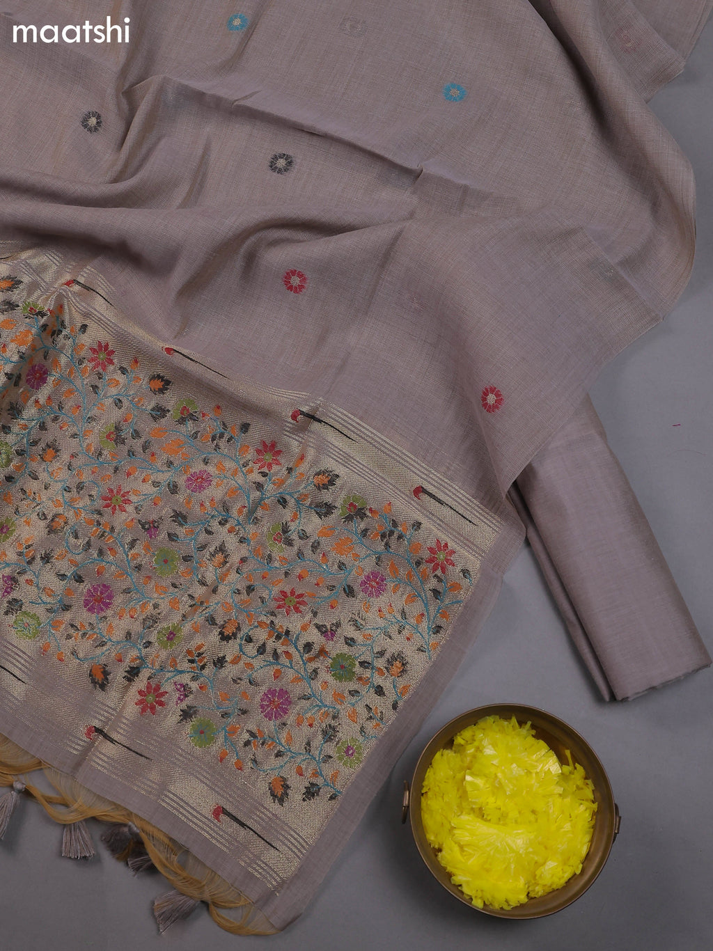 Pastel Brown Munga Cotton Dress Material With Thread & Zari Buttas