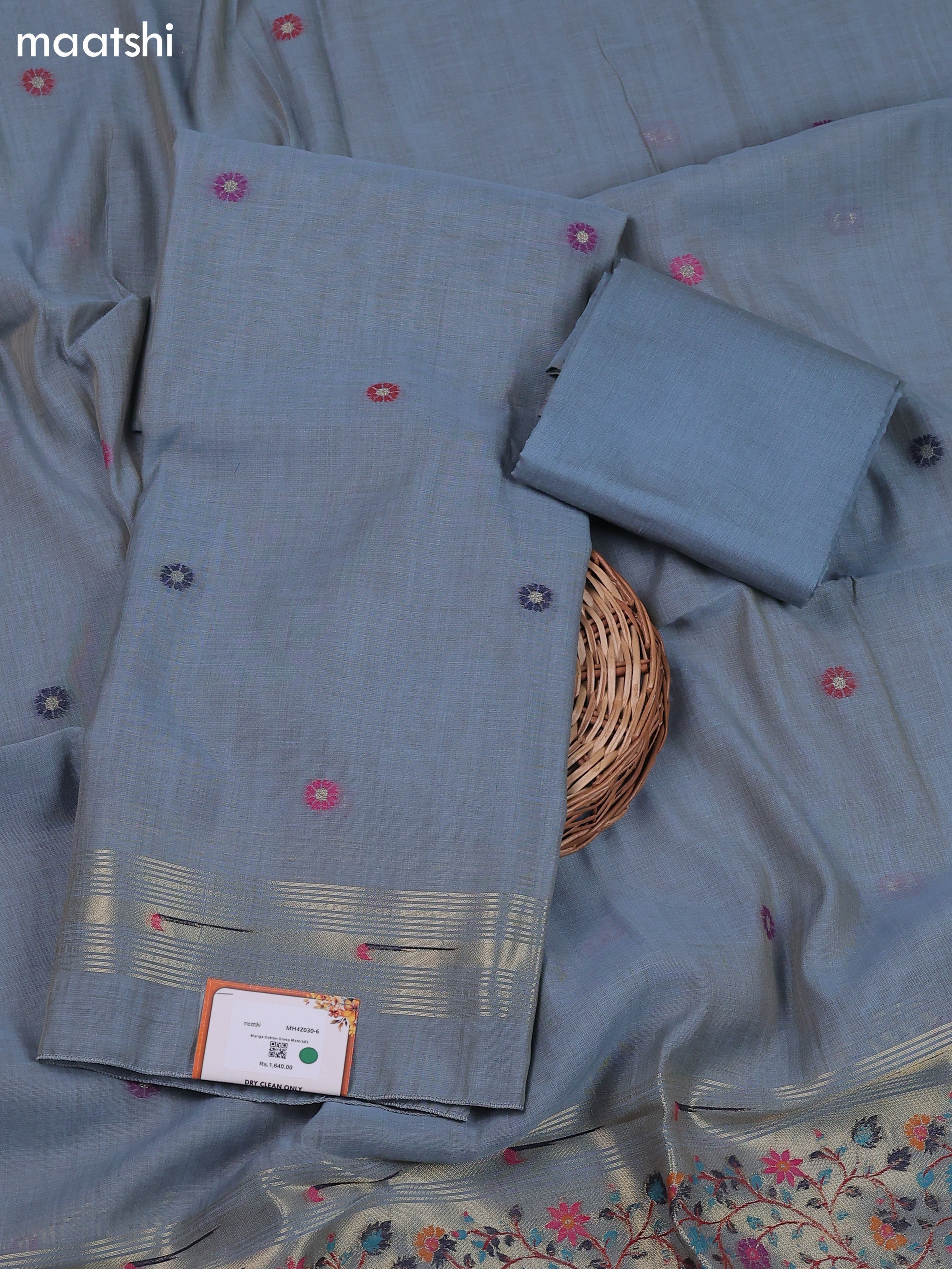 Greyish Blue Munga Cotton Dress Material With Thread & Zari Buttas