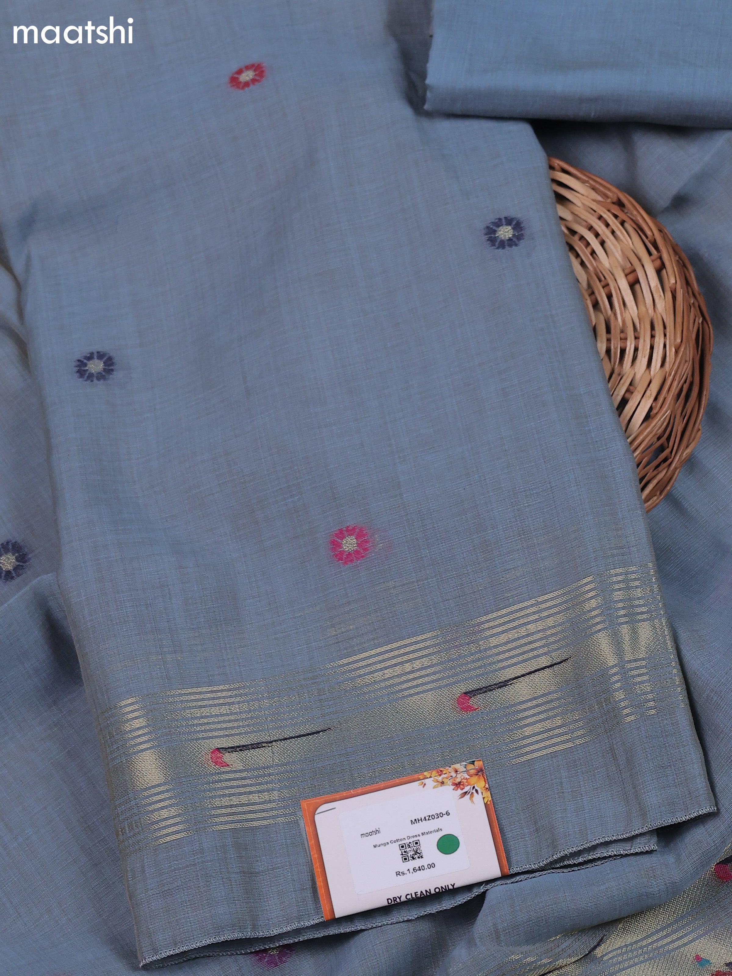 Greyish Blue Munga Cotton Dress Material With Thread & Zari Buttas
