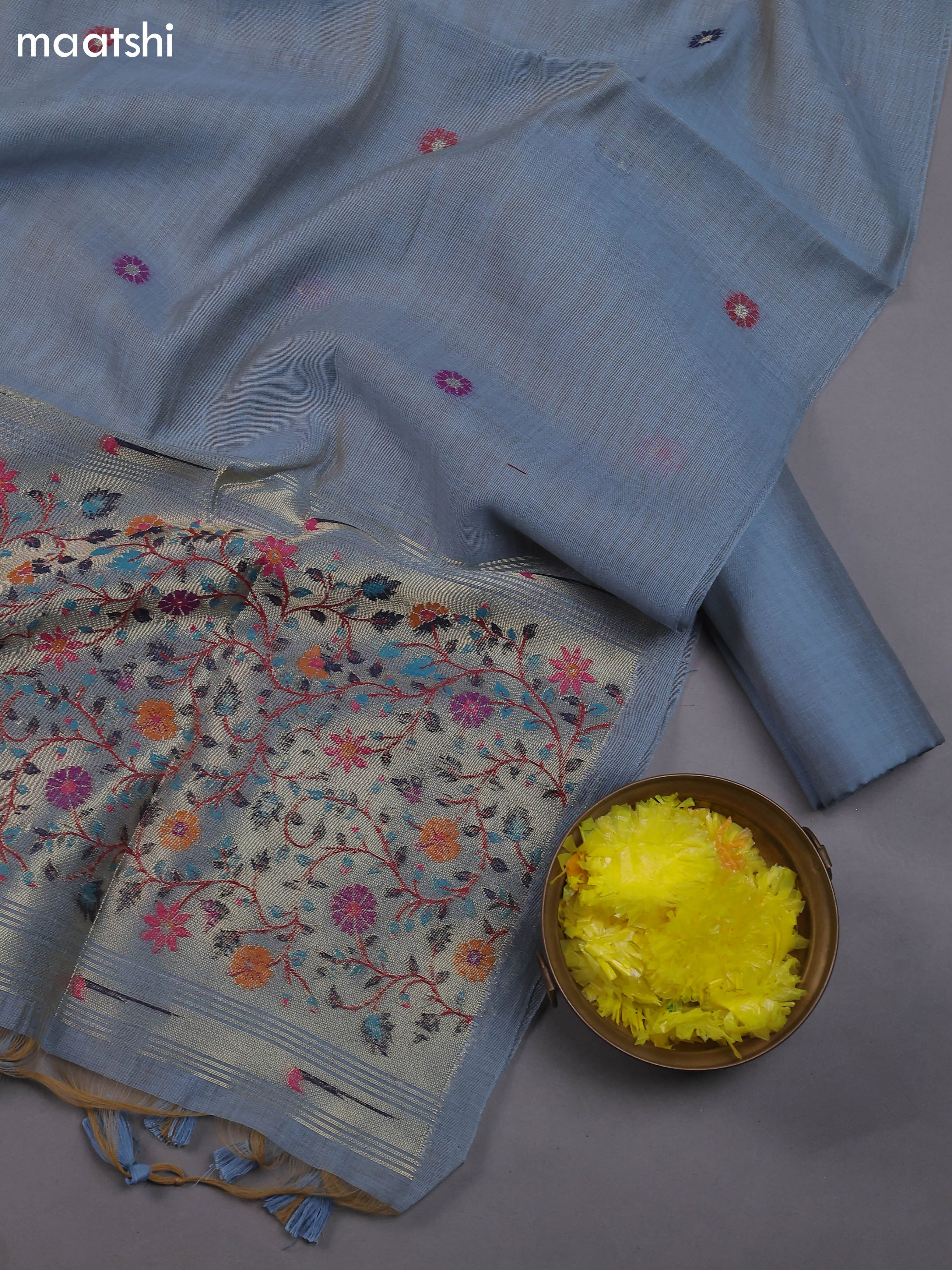 Greyish Blue Munga Cotton Dress Material With Thread & Zari Buttas