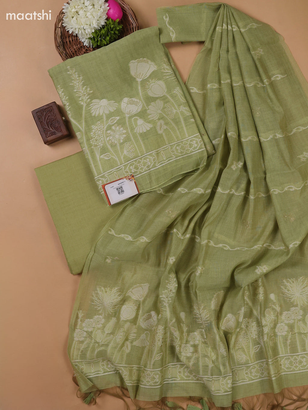 Pista Green Munga Cotton Dress Material With Thread and Zari Weaves Border
