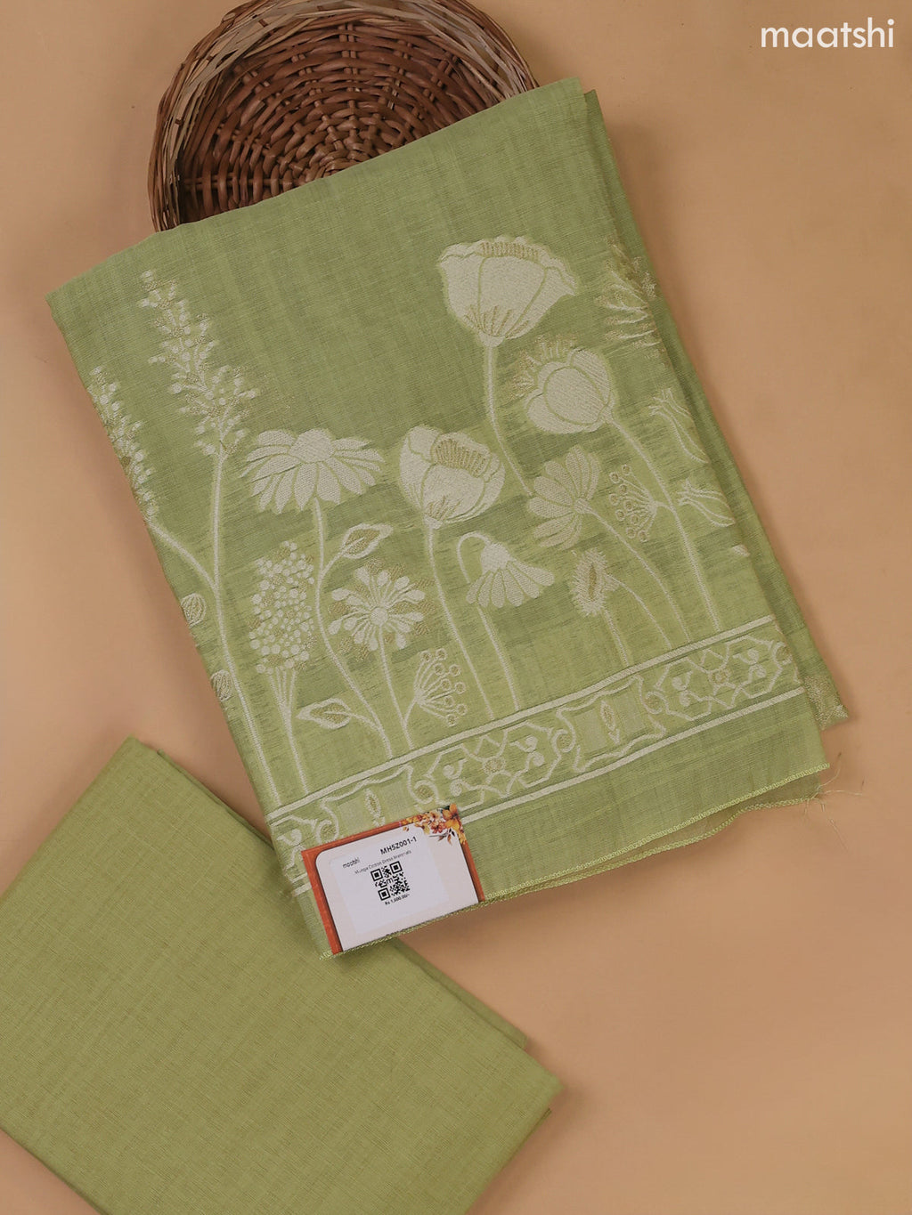 Pista Green Munga Cotton Dress Material With Thread and Zari Weaves Border