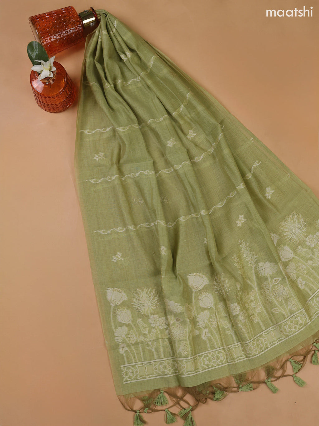 Pista Green Munga Cotton Dress Material With Thread and Zari Weaves Border