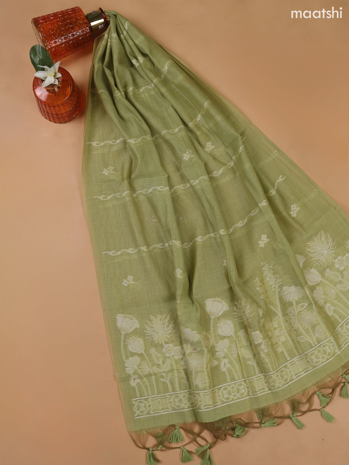 Pista Green Munga Cotton Dress Material With Thread and Zari Weaves Border