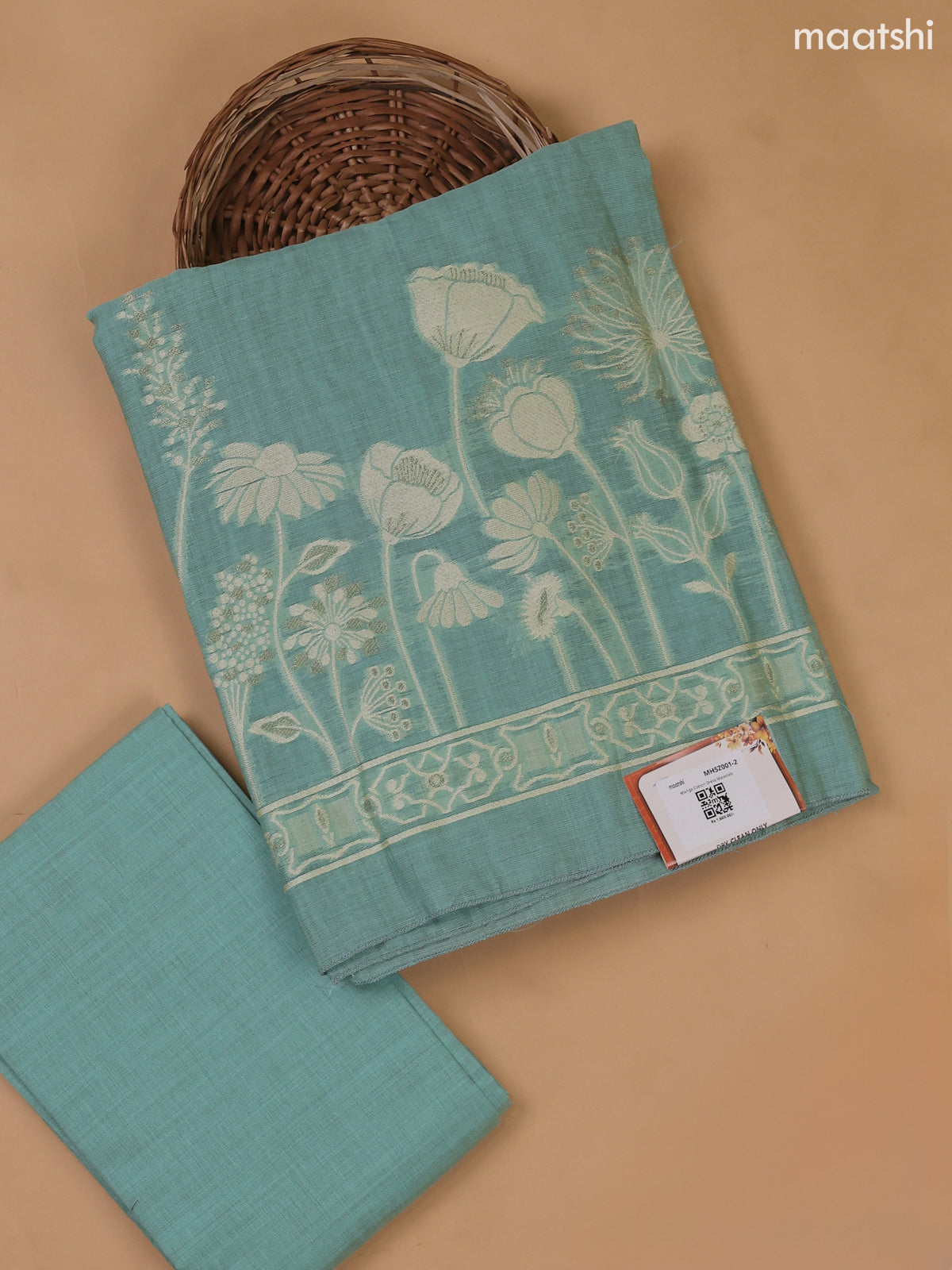 Teal Blue Munga Cotton Dress Material With Thread and Zari Weaves Border