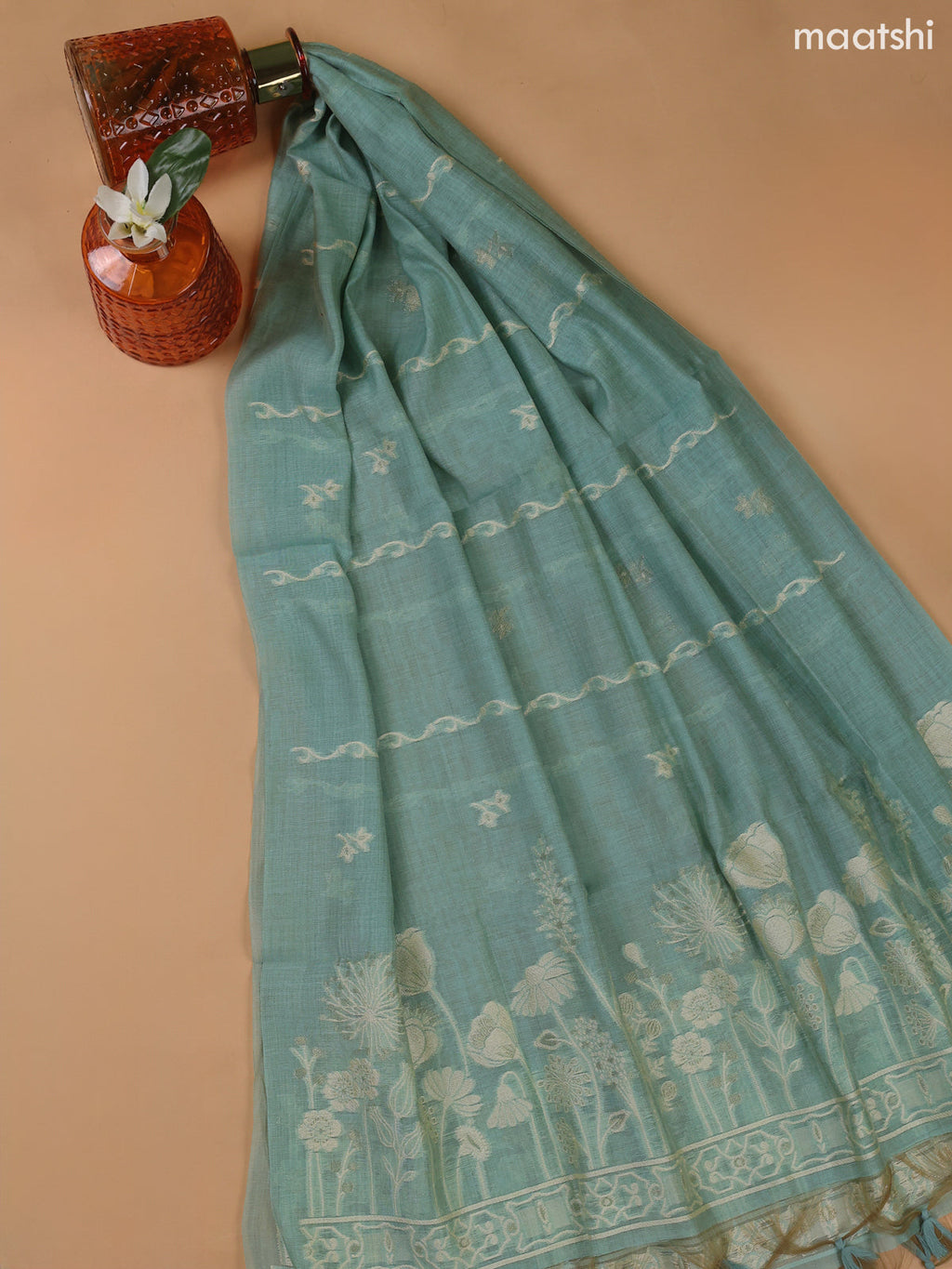 Teal Blue Munga Cotton Dress Material With Thread and Zari Weaves Border