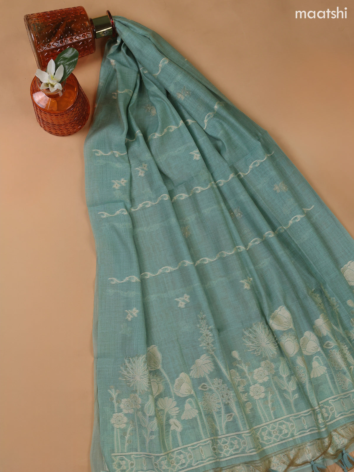 Teal Blue Munga Cotton Dress Material With Thread and Zari Weaves Border
