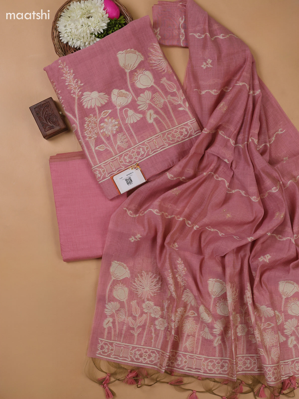 Lotus Pink Munga Cotton Dress Material With Thread and Zari Weaves Border