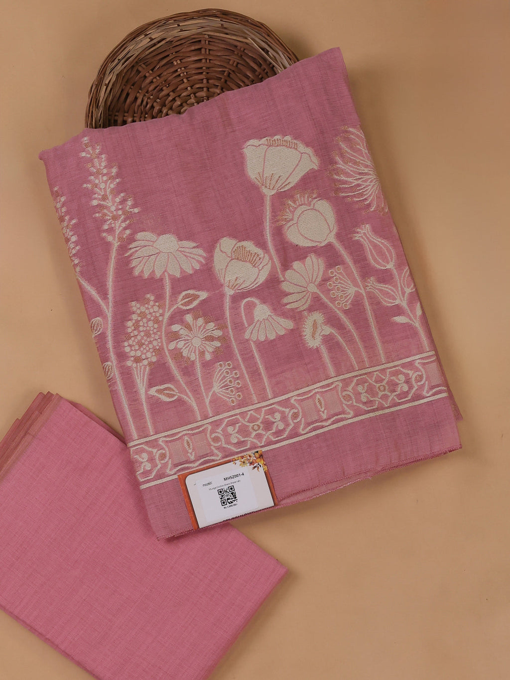 Lotus Pink Munga Cotton Dress Material With Thread and Zari Weaves Border
