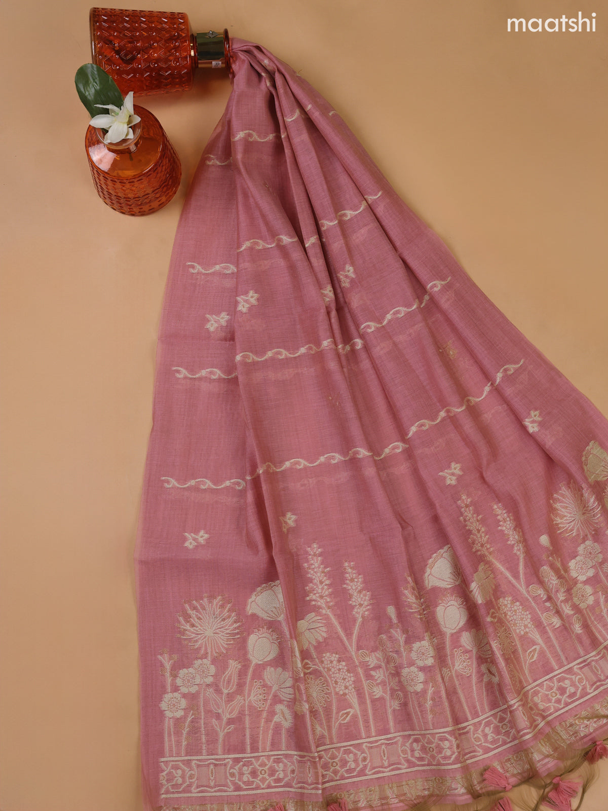 Lotus Pink Munga Cotton Dress Material With Thread and Zari Weaves Border