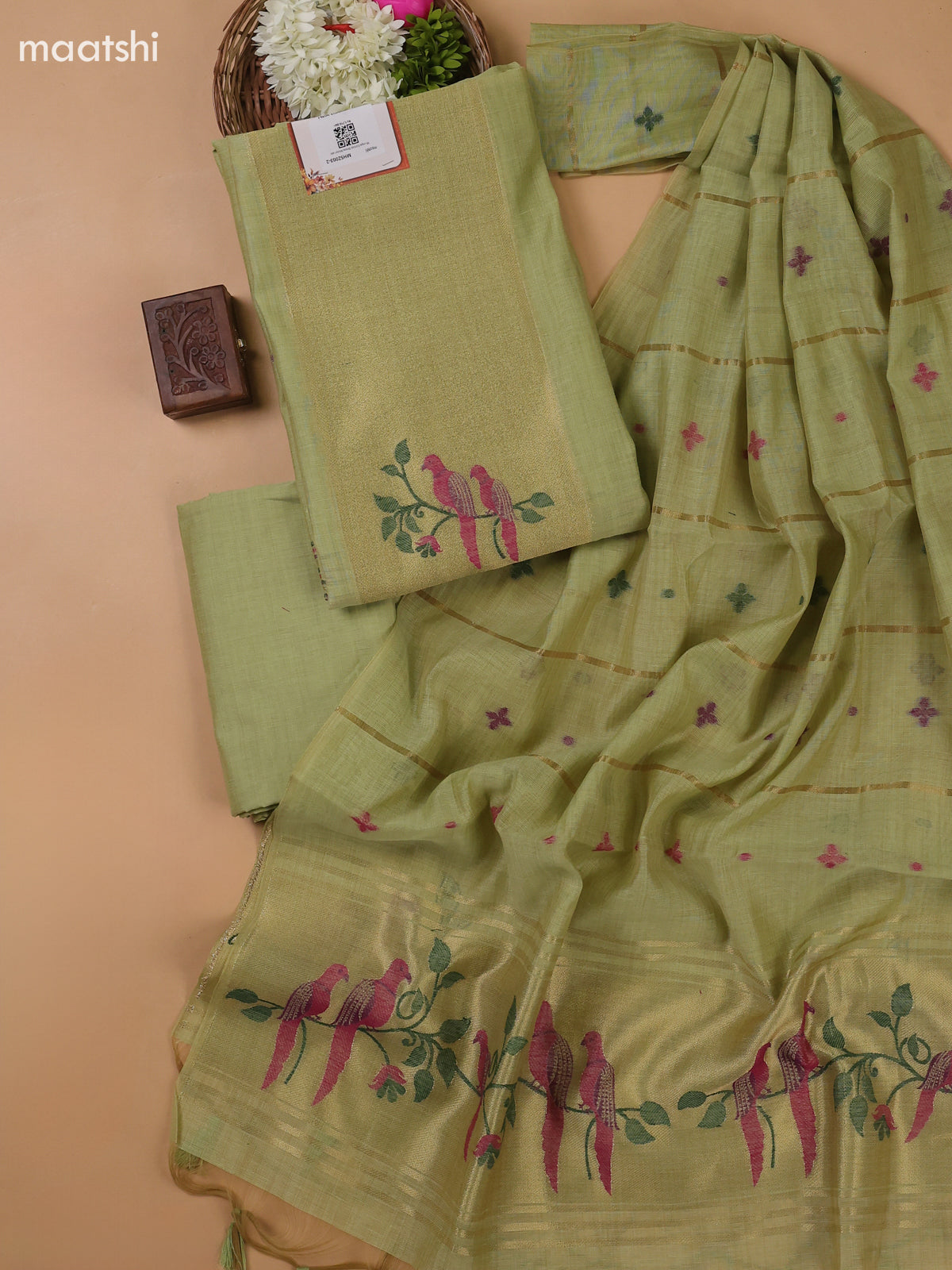 Pista Green Munga Cotton Dress Material With Thread and Zari Weaves Neck Pattern