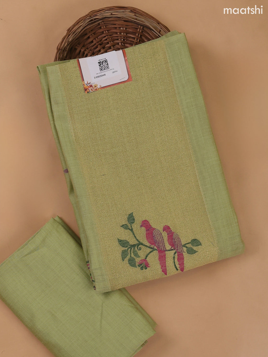 Pista Green Munga Cotton Dress Material With Thread and Zari Weaves Neck Pattern