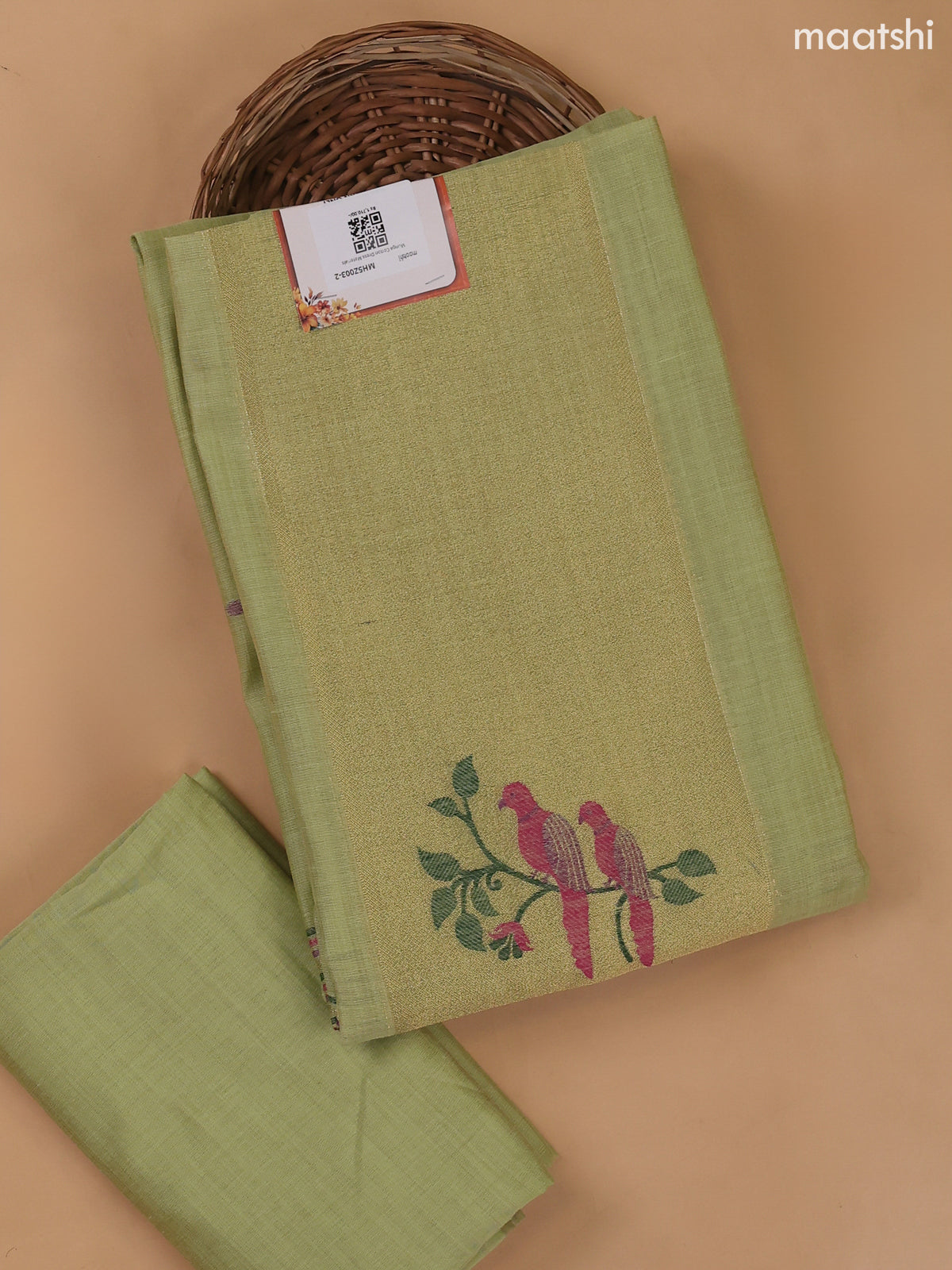 Pista Green Munga Cotton Dress Material With Thread and Zari Weaves Neck Pattern