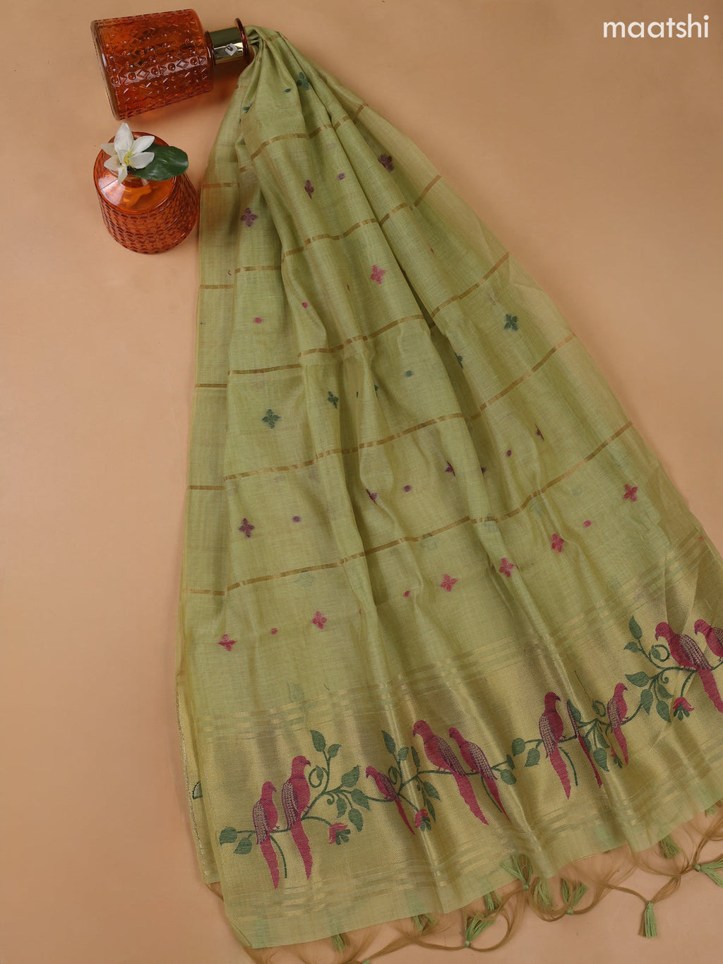 Pista Green Munga Cotton Dress Material With Thread and Zari Weaves Neck Pattern
