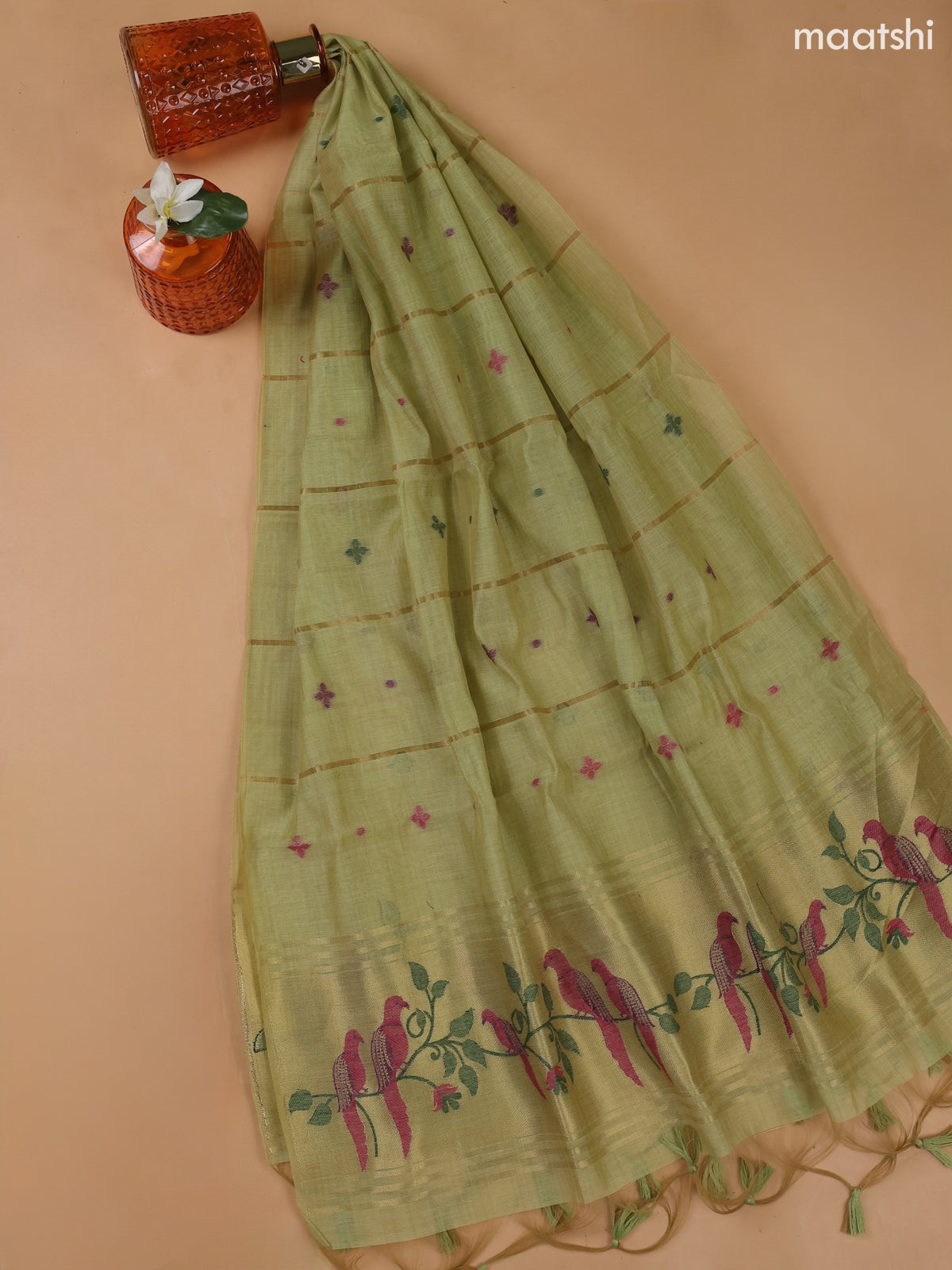 Pista Green Munga Cotton Dress Material With Thread and Zari Weaves Neck Pattern