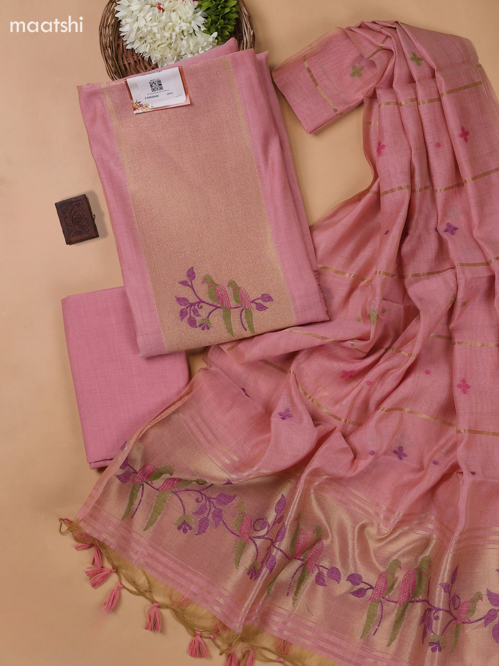 Lotus Pink Munga Cotton Dress Material With Thread and Zari Weaves Neck Pattern