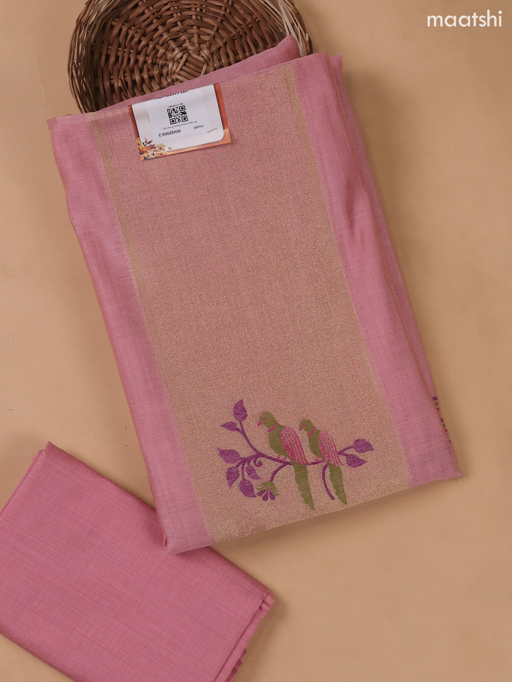 Lotus Pink Munga Cotton Dress Material With Thread and Zari Weaves Neck Pattern
