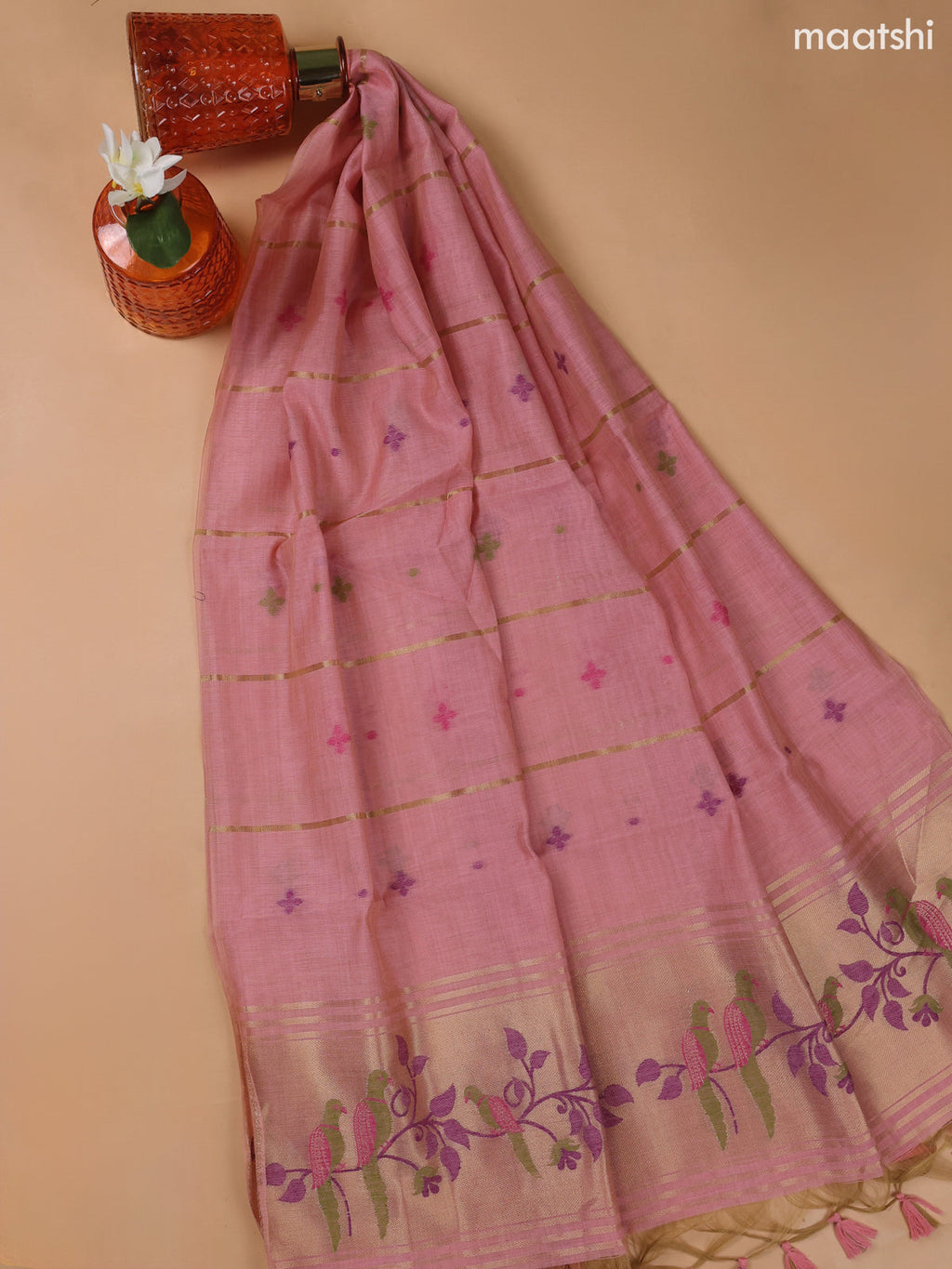 Lotus Pink Munga Cotton Dress Material With Thread and Zari Weaves Neck Pattern