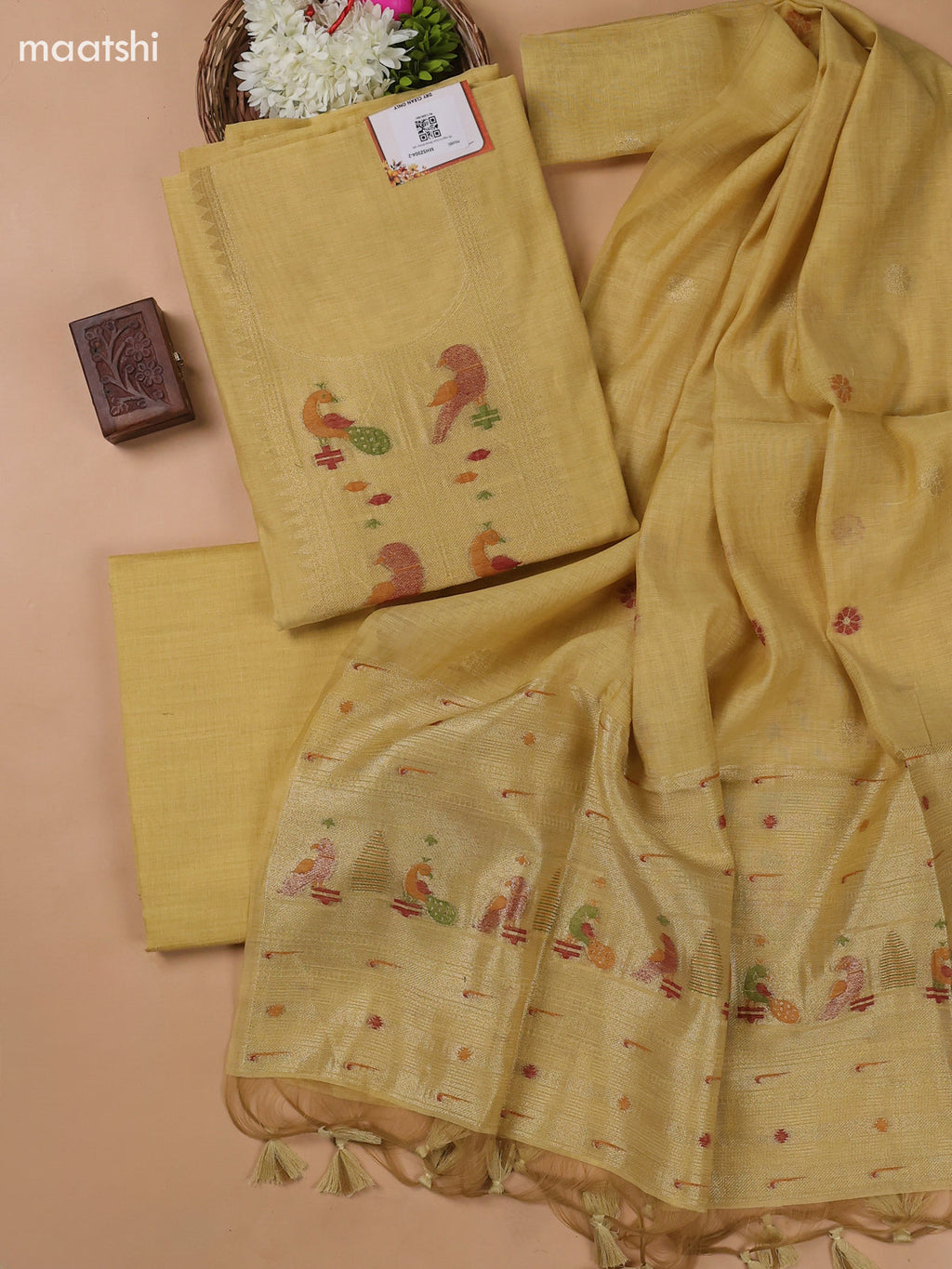 Pale Yellow Munga Cotton Dress Material With Paithani Style Neck Pattern