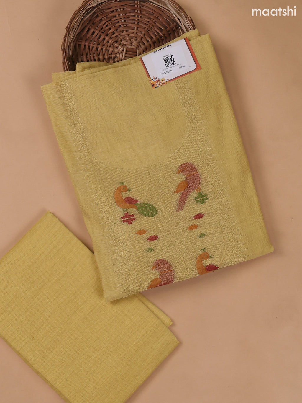 Pale Yellow Munga Cotton Dress Material With Paithani Style Neck Pattern