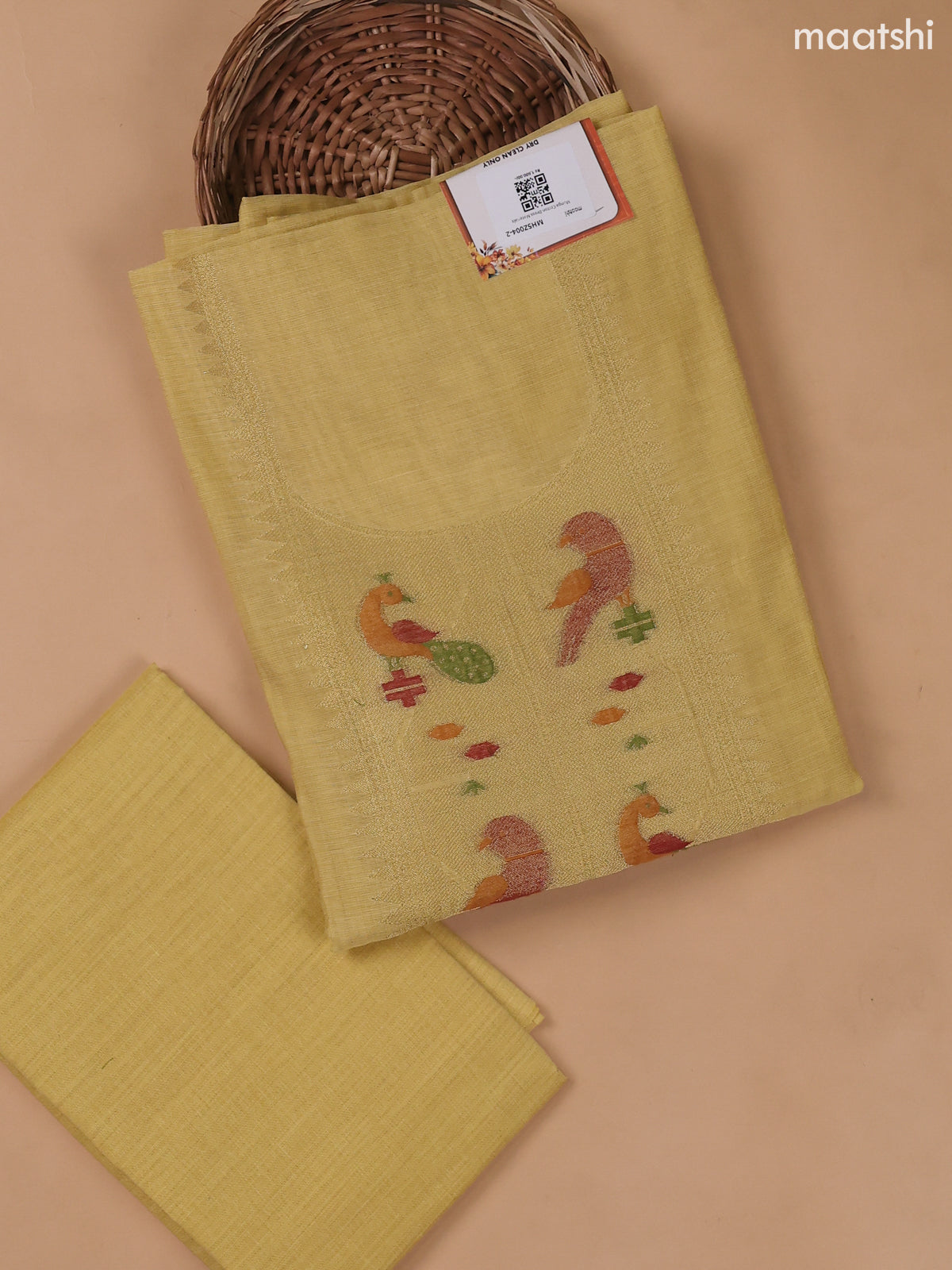 Pale Yellow Munga Cotton Dress Material With Paithani Style Neck Pattern