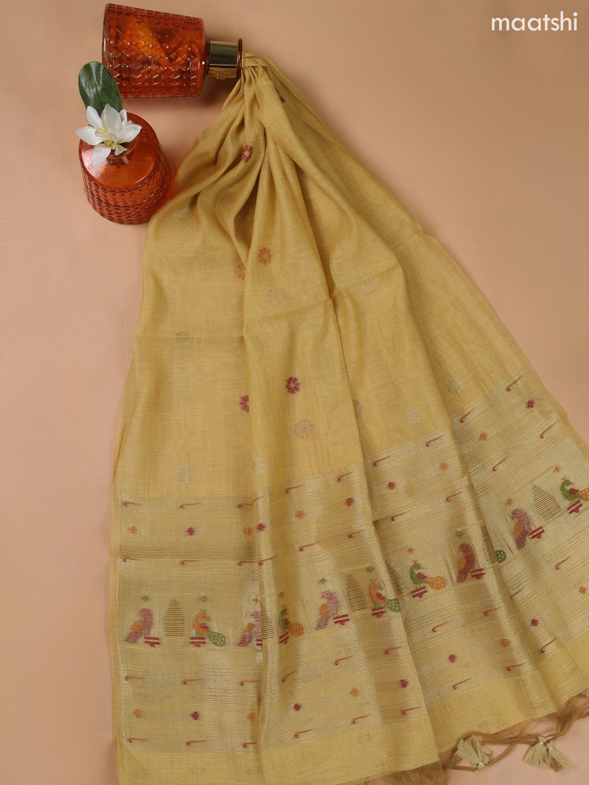 Pale Yellow Munga Cotton Dress Material With Paithani Style Neck Pattern