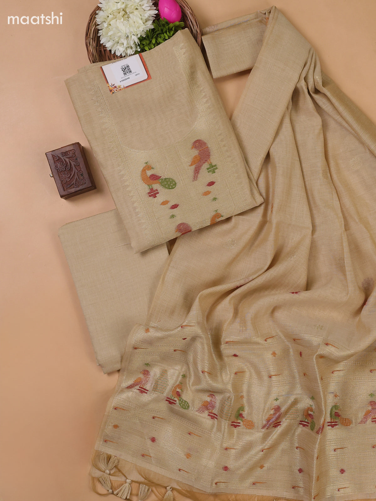 Sandal Munga Cotton Dress Material With Paithani Style Neck Pattern