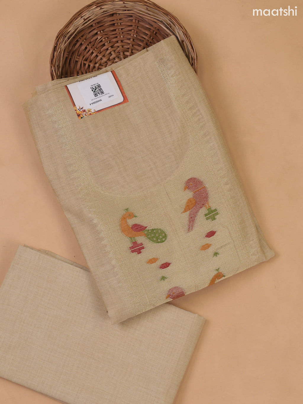 Sandal Munga Cotton Dress Material With Paithani Style Neck Pattern