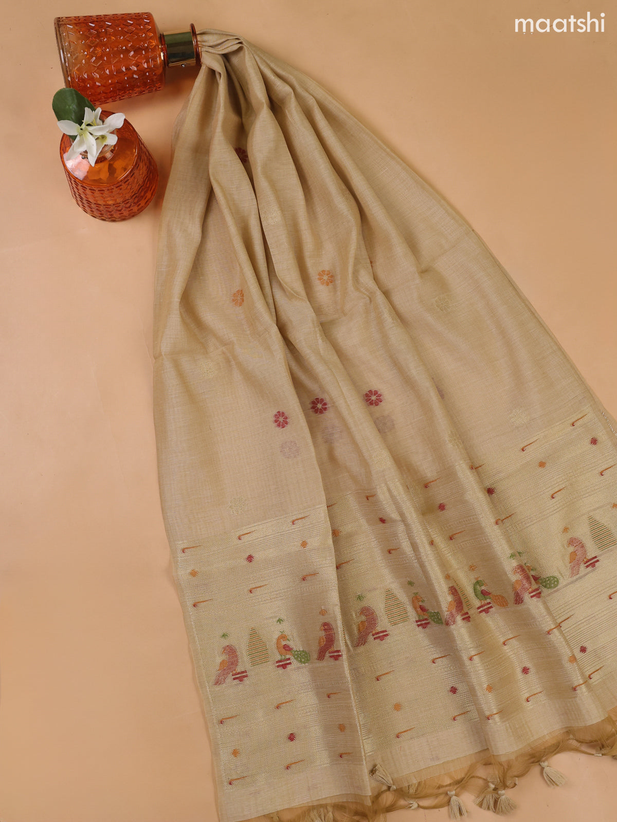 Sandal Munga Cotton Dress Material With Paithani Style Neck Pattern