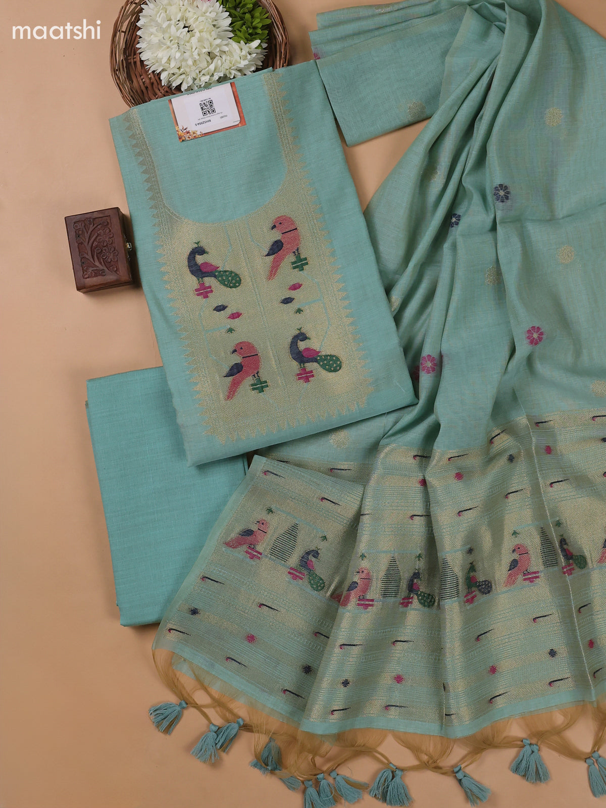 Teal Blue Munga Cotton Dress Material With Paithani Style Neck Pattern