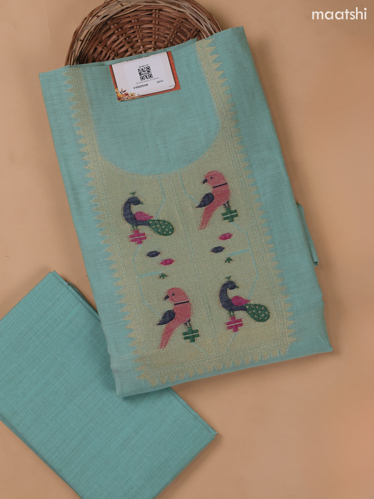 Teal Blue Munga Cotton Dress Material With Paithani Style Neck Pattern