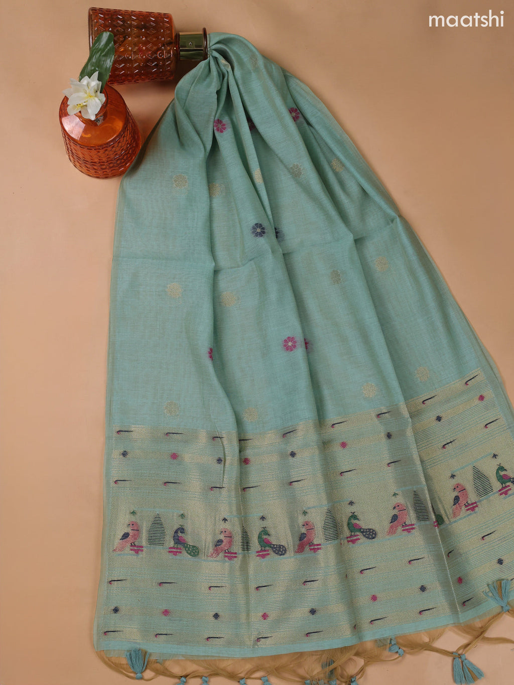 Teal Blue Munga Cotton Dress Material With Paithani Style Neck Pattern